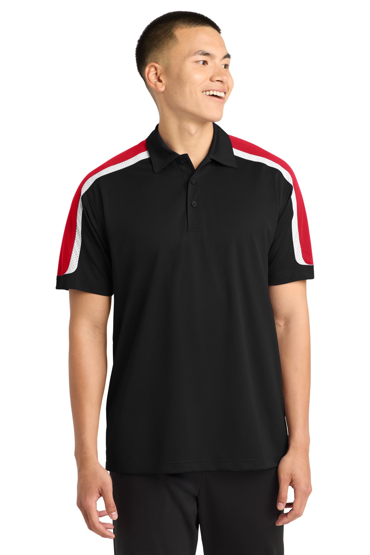 Sport-Tek Tricolor Shoulder Micropique Sport-Wick Polo. ST658 in Black/ True Red/ White