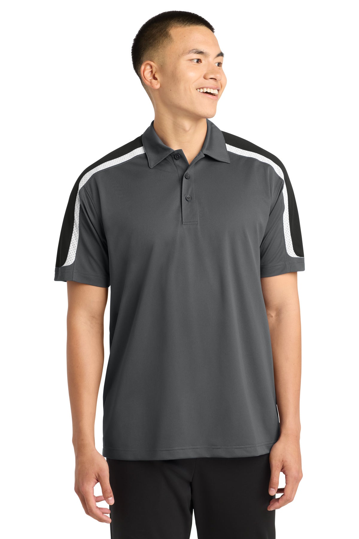 Sport-Tek Tricolor Shoulder Micropique Sport-Wick Polo. ST658 in Iron Grey/ Black/ White