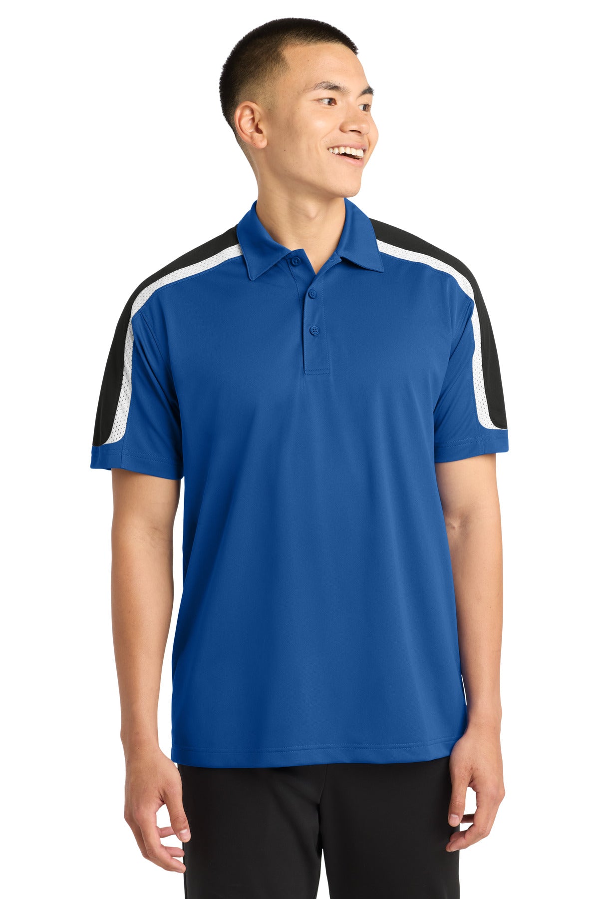 Sport-Tek Tricolor Shoulder Micropique Sport-Wick Polo. ST658 in True Royal/ Black/ White