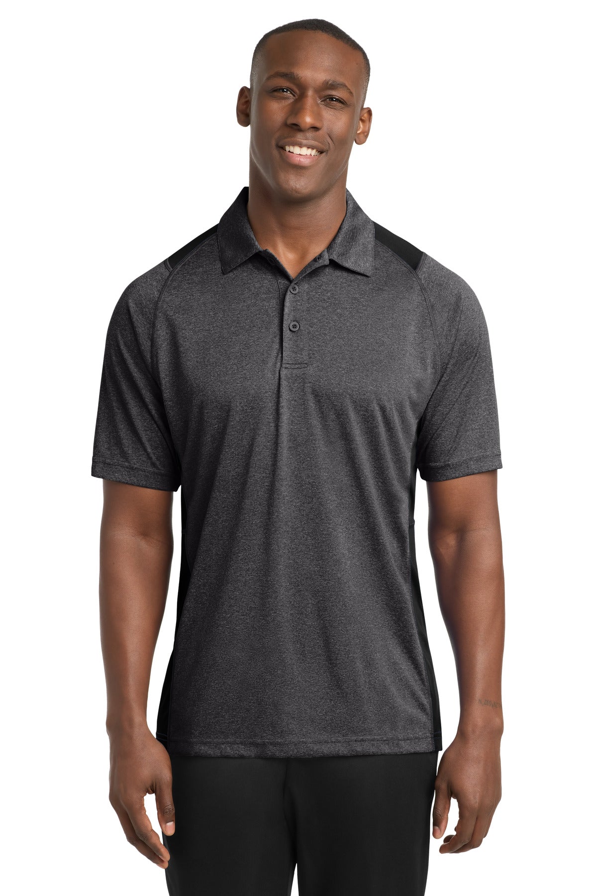 Sport-Tek Heather Colorblock Contender Polo. ST665 in Graphite Heather/ Black