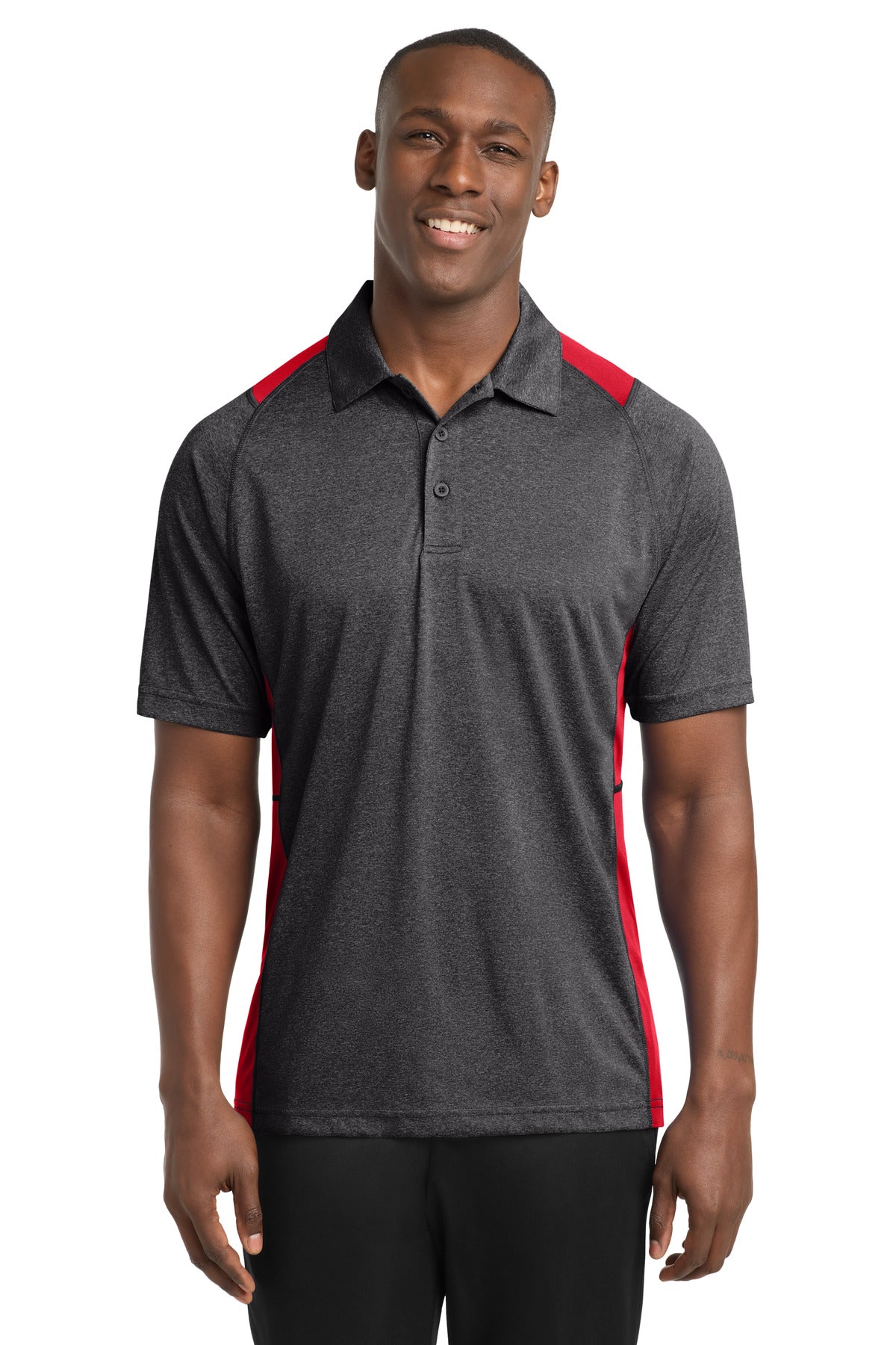 Sport-Tek Heather Colorblock Contender Polo. ST665 in Graphite Heather/ True Red