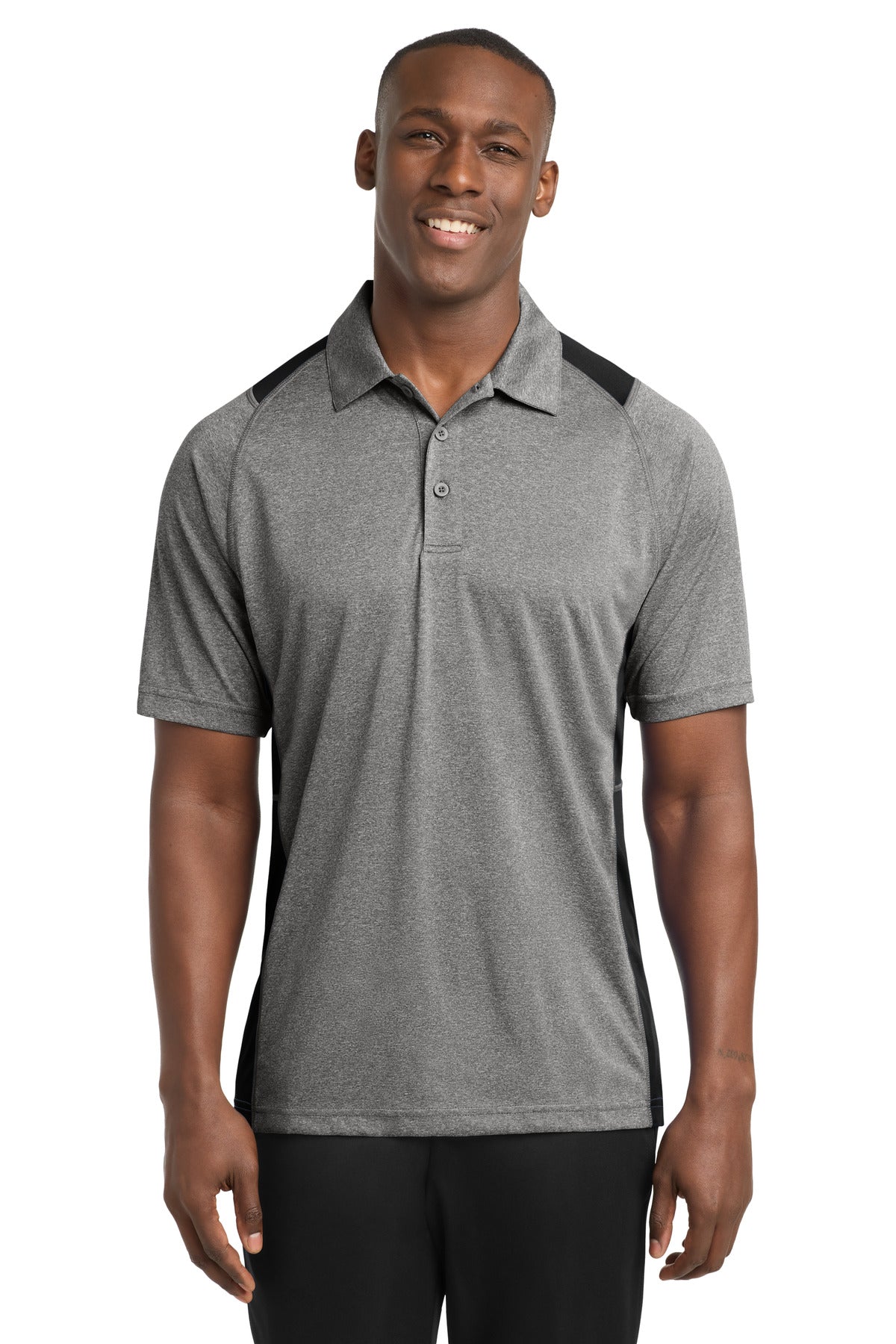 Sport-Tek Heather Colorblock Contender Polo. ST665 in Vintage Heather/ Black