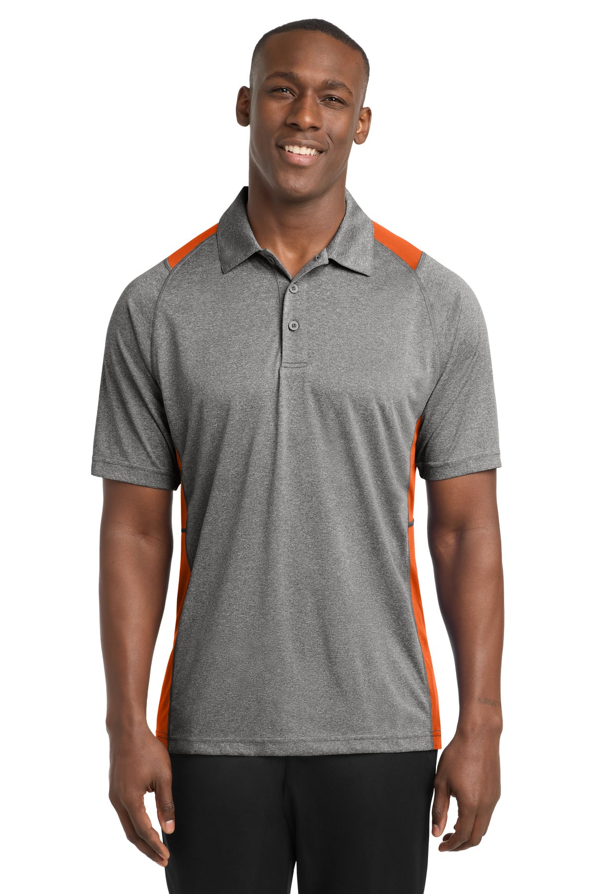Sport-Tek Heather Colorblock Contender Polo. ST665 in Vintage Heather/ Deep Orange