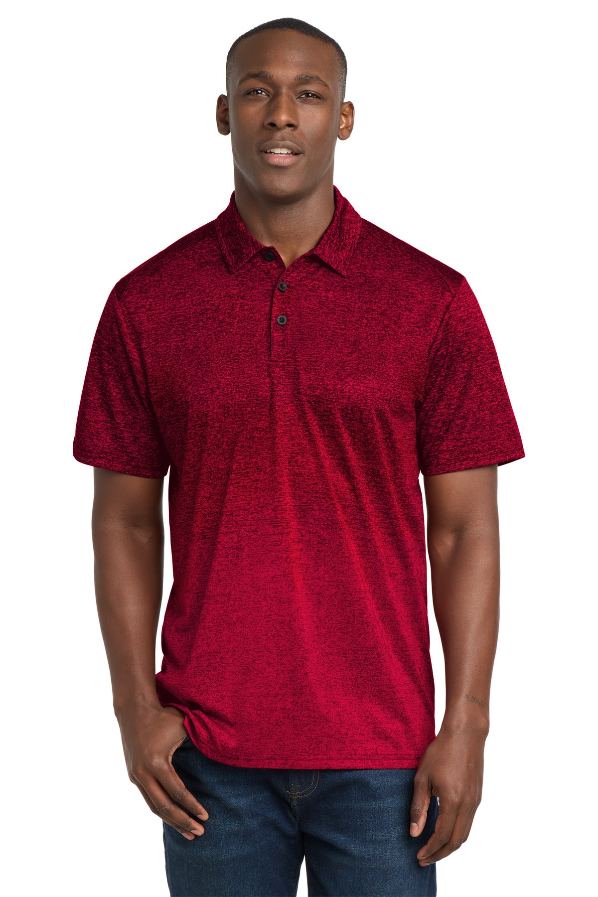 Sport-Tek  Ombre Heather Polo. ST671 in Deep Red/ Black