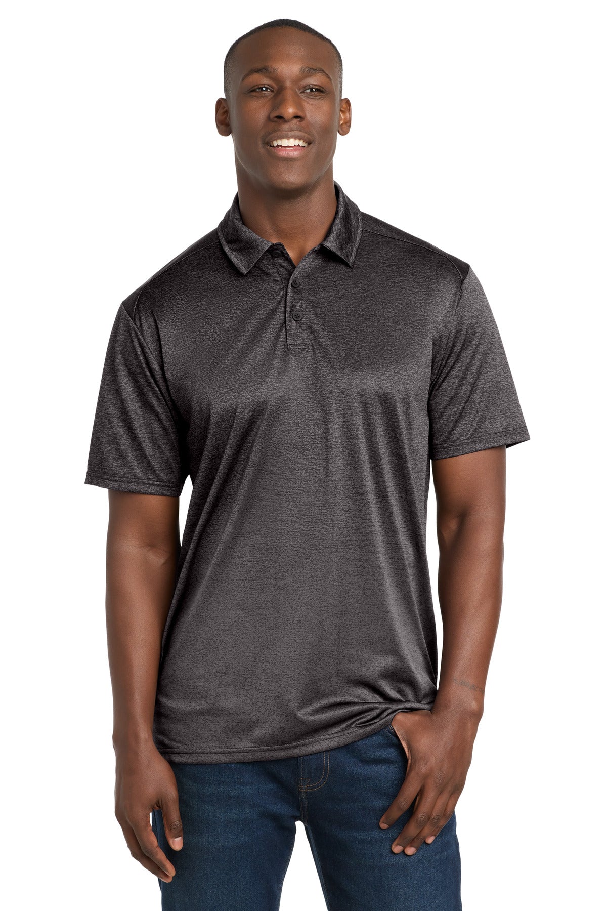 Sport-Tek  Ombre Heather Polo. ST671 in Iron Grey/ Black