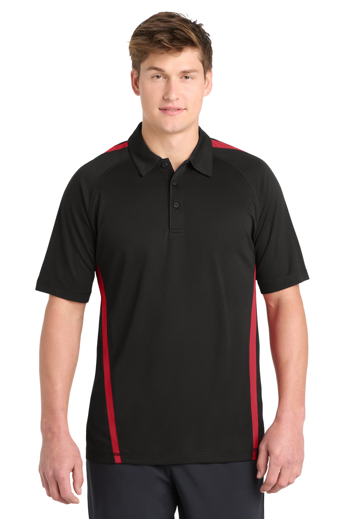 Sport-Tek PosiCharge Micro-Mesh Colorblock Polo. ST685 in Black/ Red