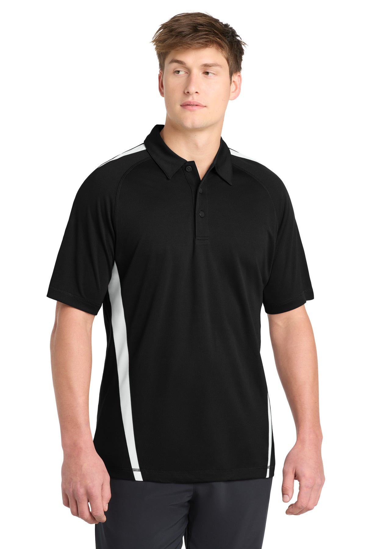 Sport-Tek PosiCharge Micro-Mesh Colorblock Polo. ST685 in Black/ White