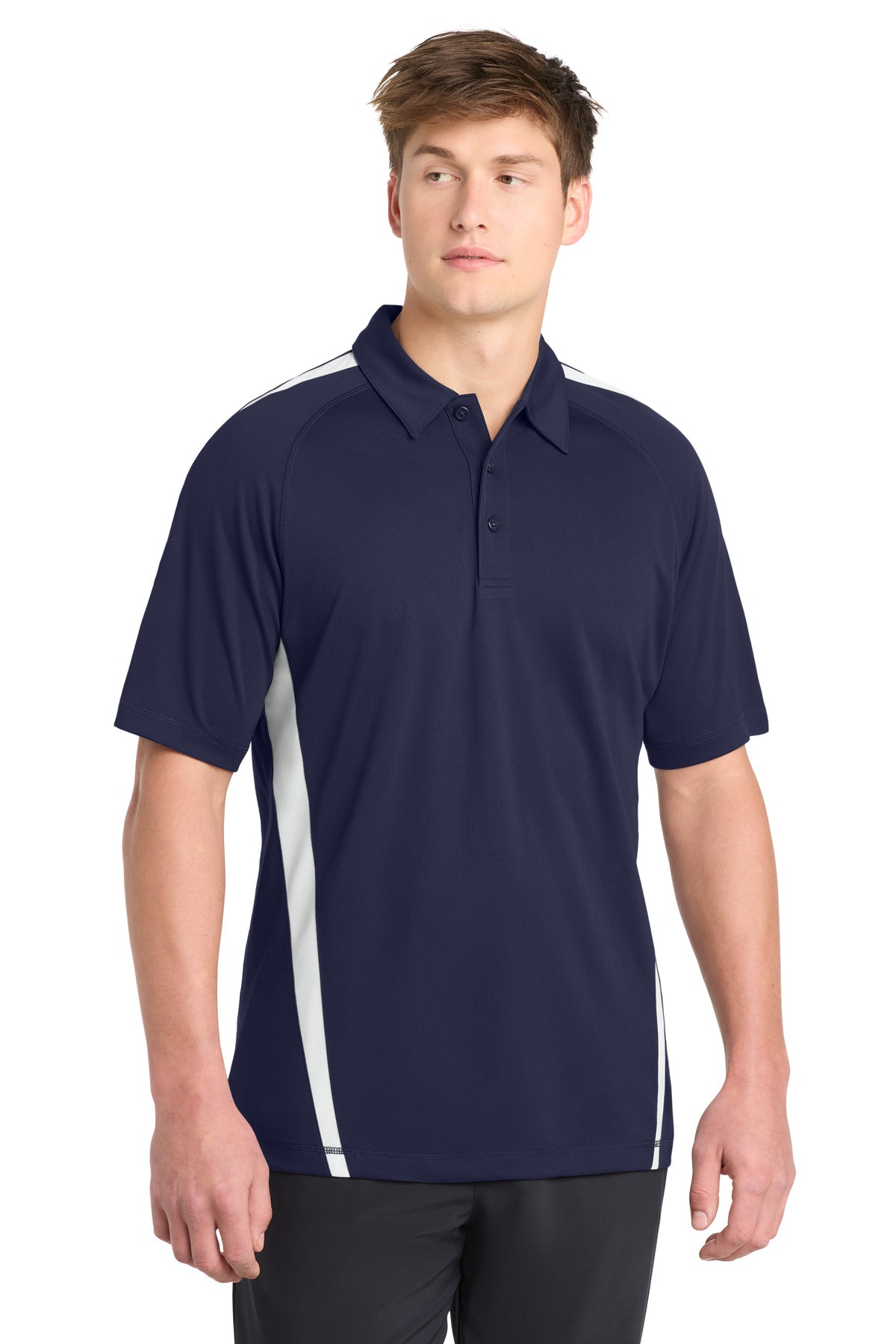 Sport-Tek PosiCharge Micro-Mesh Colorblock Polo. ST685 in True Navy/ White