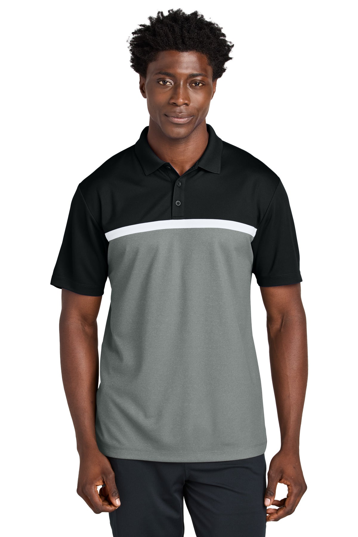 Sport-Tek UV Micropique Colorblock Polo ST741 in Black/ Grey Concrete Heather/ White