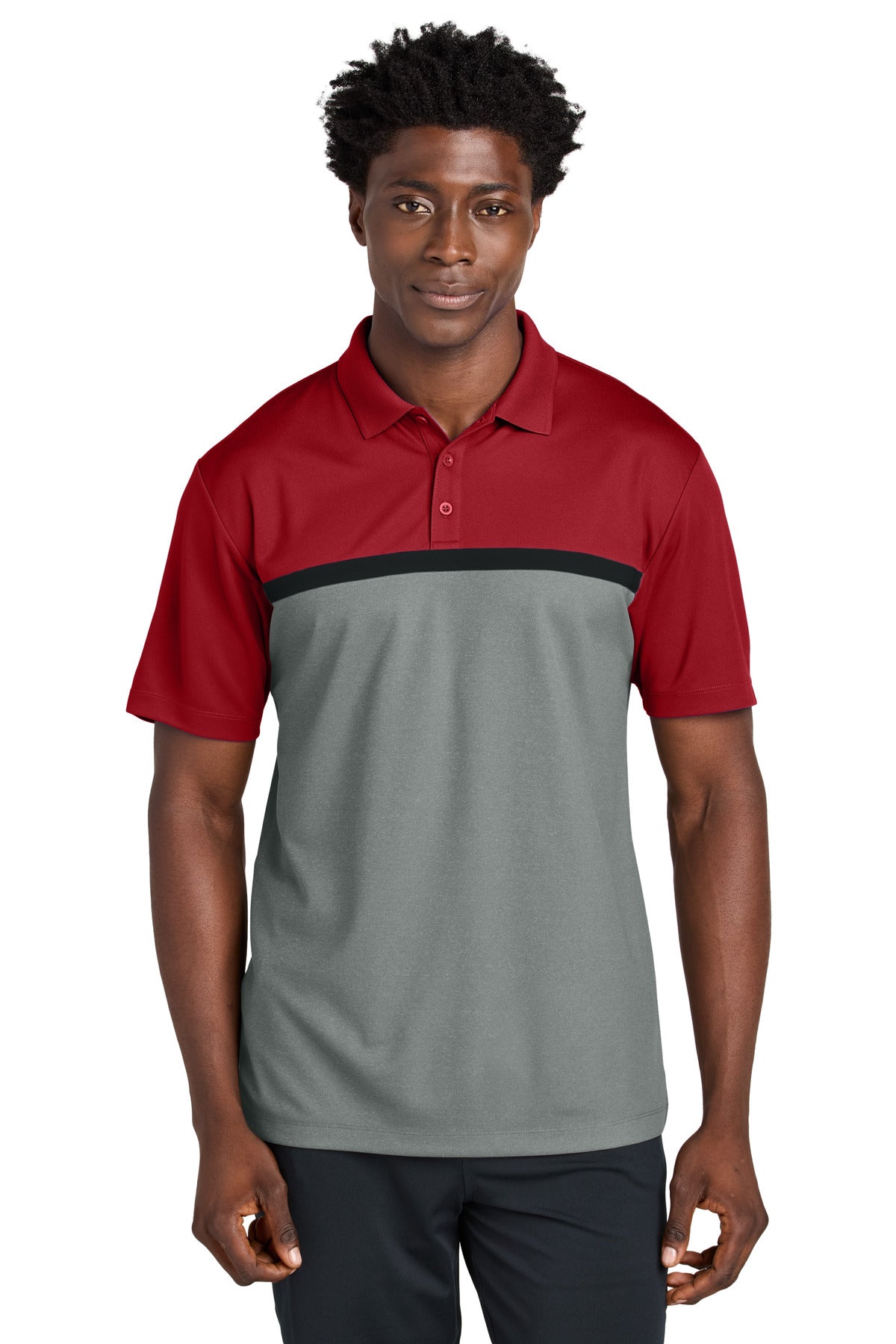 Sport-Tek UV Micropique Colorblock Polo ST741 in Deep Red/ Grey Concrete Heather/ Black
