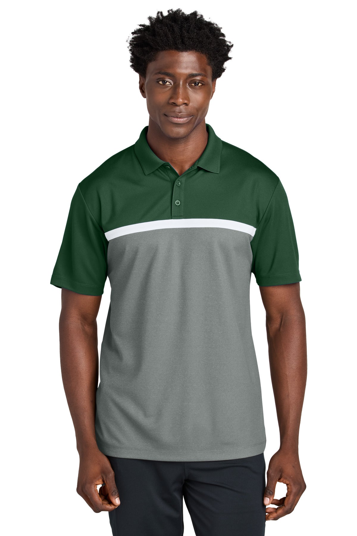 Sport-Tek UV Micropique Colorblock Polo ST741 in Forest Green/ Grey Concrete Heather/ White