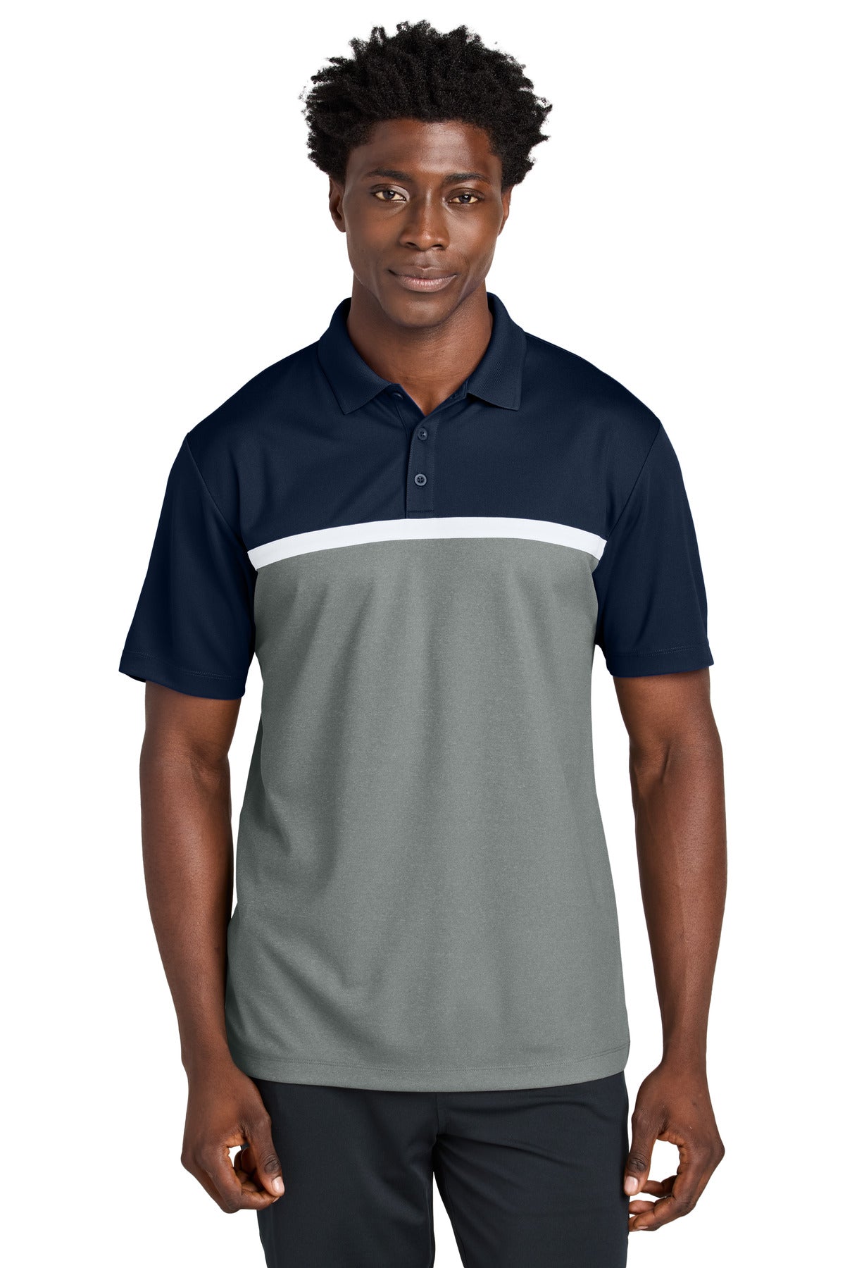 Sport-Tek UV Micropique Colorblock Polo ST741 in True Navy/ Grey Concrete Heather/ White