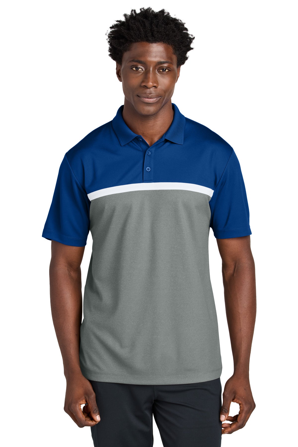 Sport-Tek UV Micropique Colorblock Polo ST741 in True Royal/ Grey Concrete Heather/ White