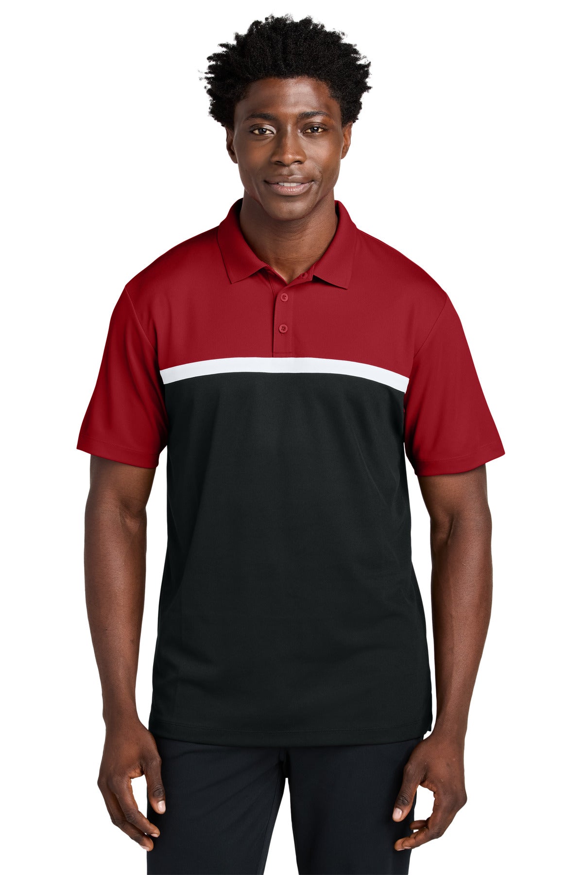 Sport-Tek UV Micropique Colorblock Polo ST741 in Deep Red/ Black/ White