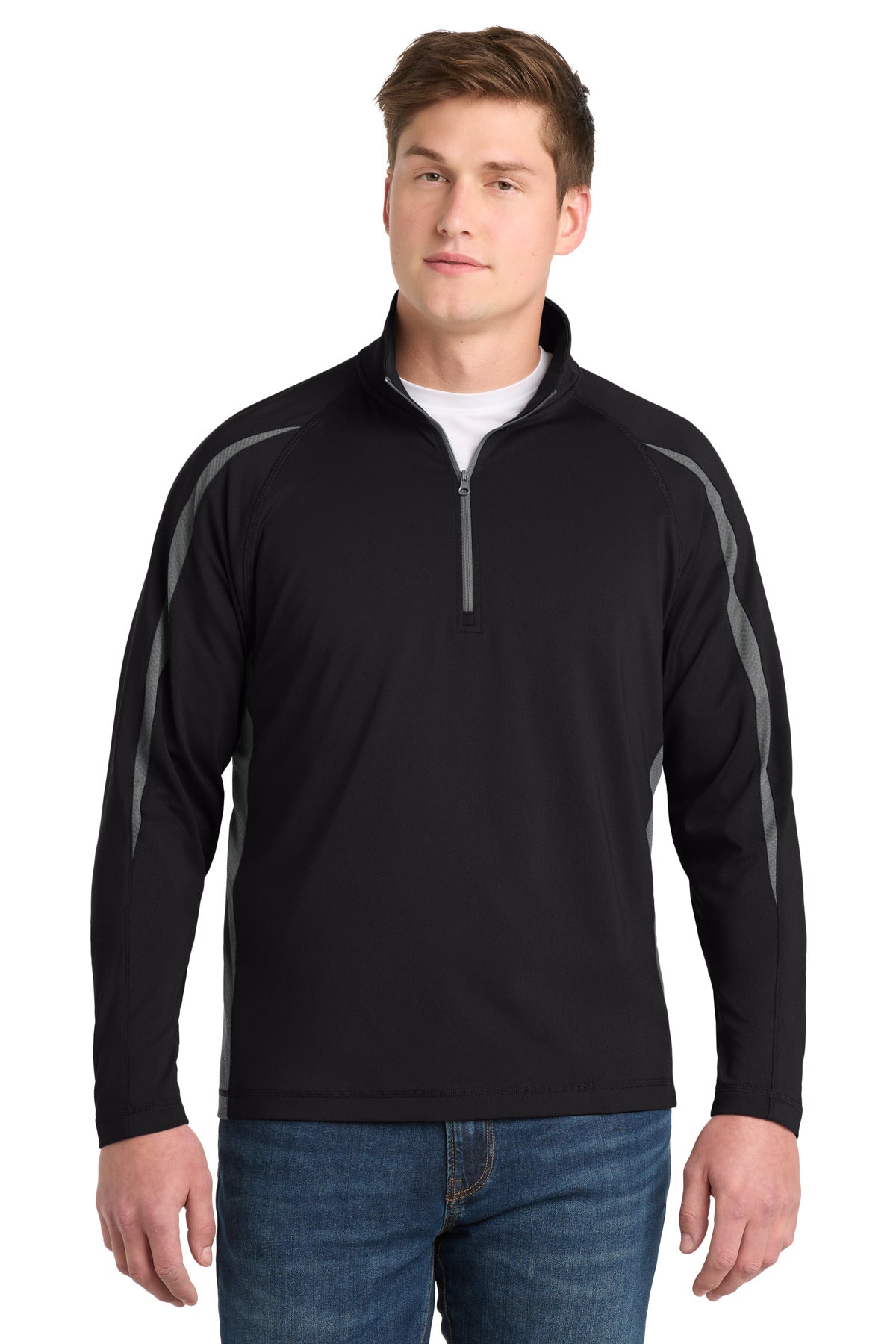 Sport-Tek Sport-Wick Stretch 1/4-Zip Colorblock Pullover. ST851 in Black/ Charcoal Grey