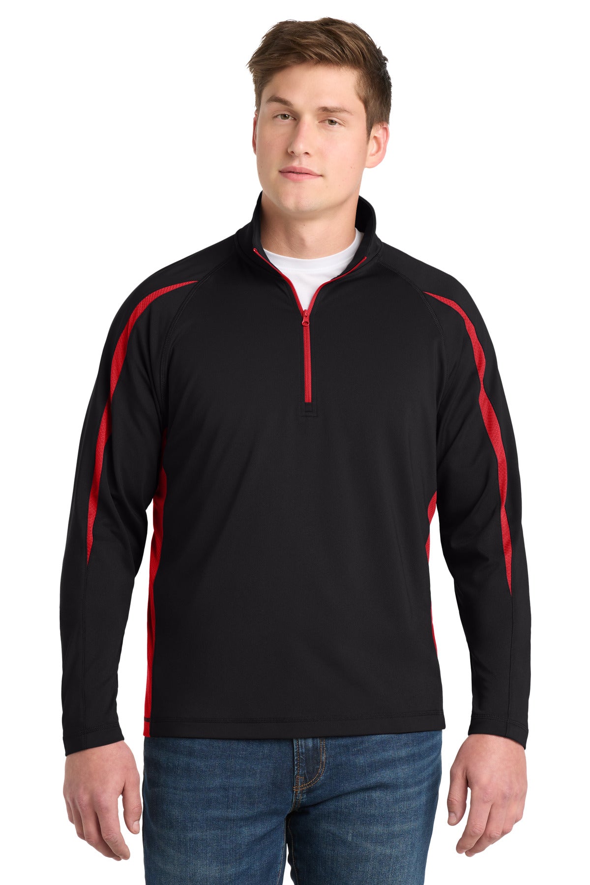 Sport-Tek Sport-Wick Stretch 1/4-Zip Colorblock Pullover. ST851 in Black/ True Red