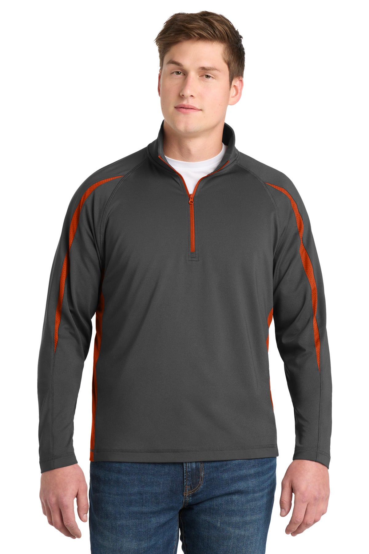 Sport-Tek Sport-Wick Stretch 1/4-Zip Colorblock Pullover. ST851 in Charcoal Grey/ Deep Orange
