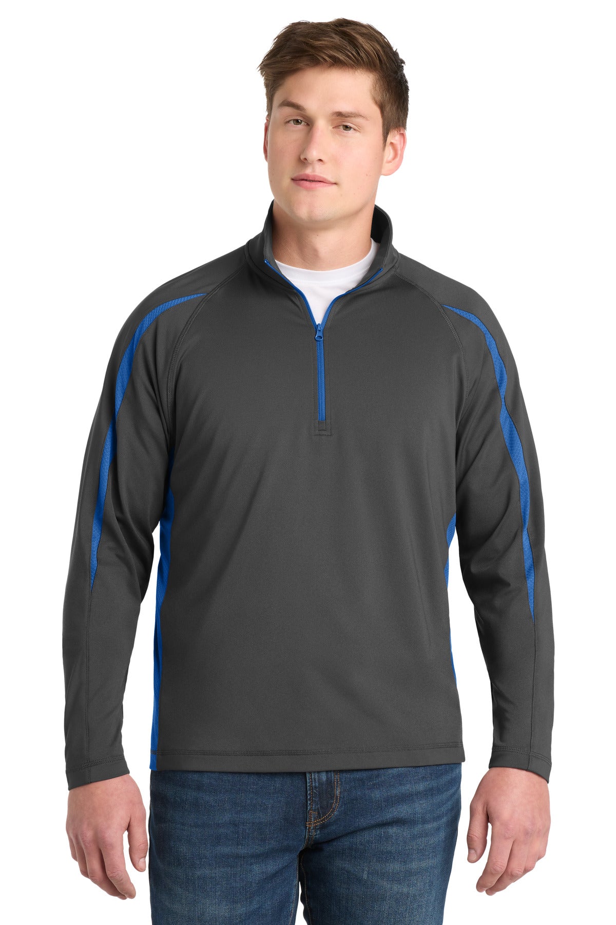 Sport-Tek Sport-Wick Stretch 1/4-Zip Colorblock Pullover. ST851 in Charcoal Grey/ True Royal