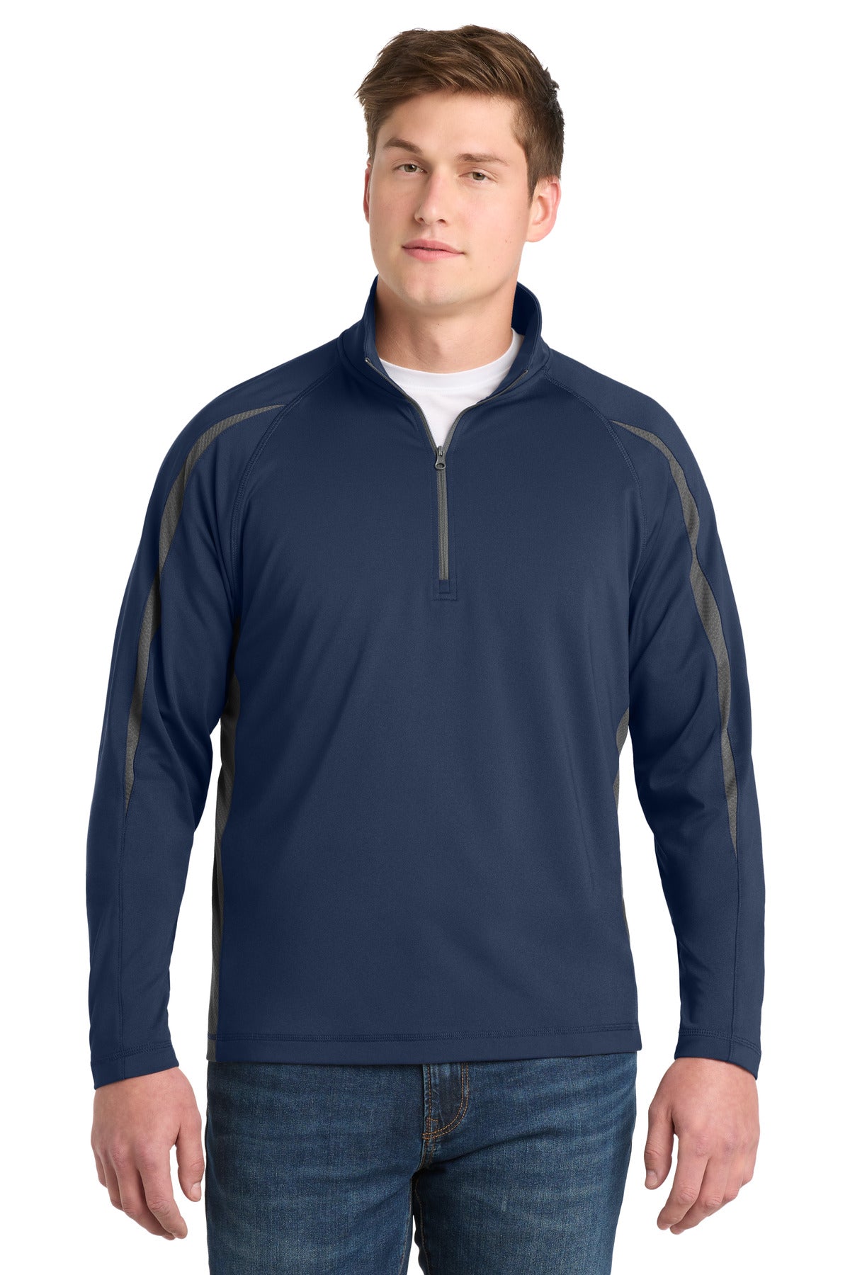 Sport-Tek Sport-Wick Stretch 1/4-Zip Colorblock Pullover. ST851 in True Navy/ Charcoal Grey