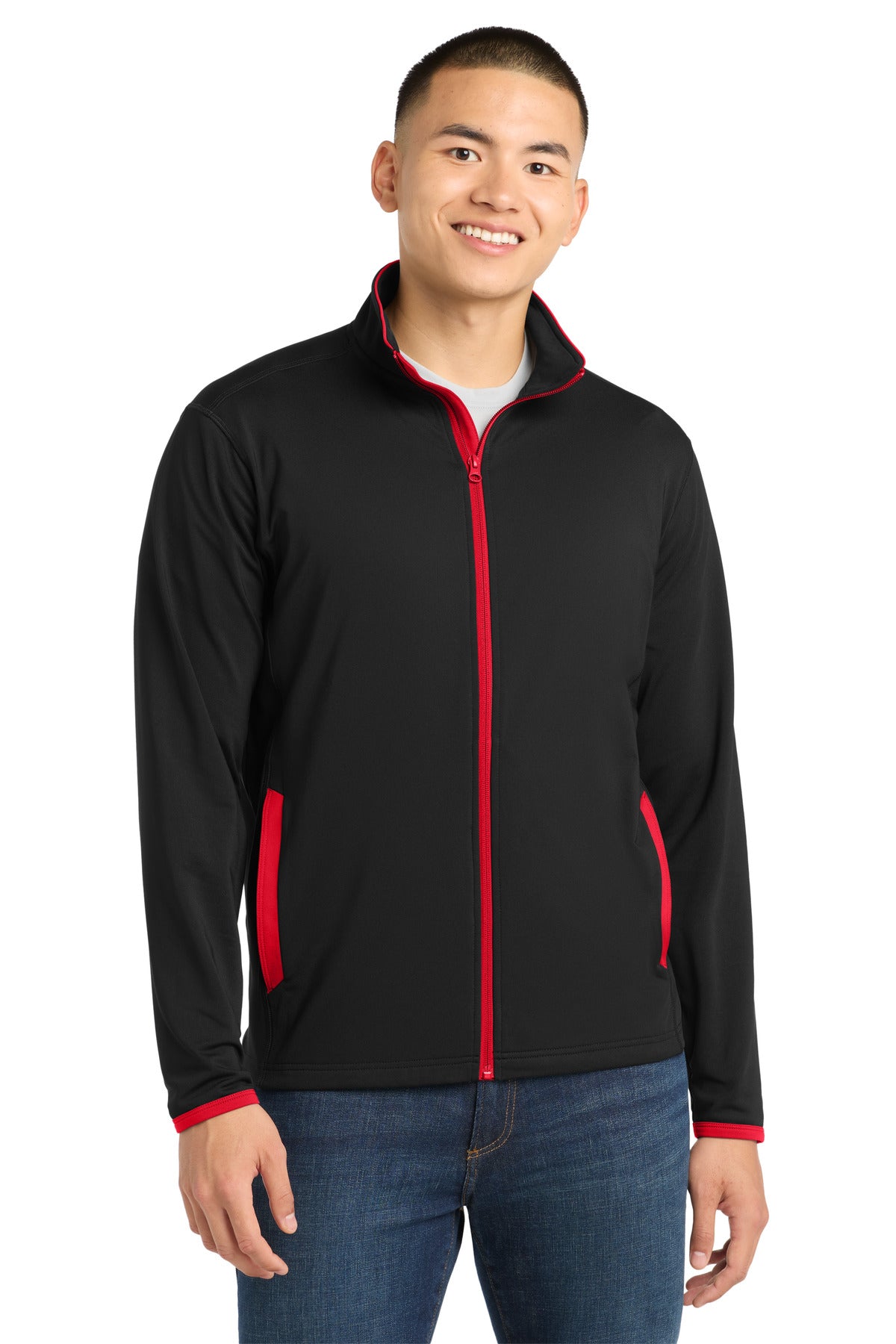 Sport-Tek Sport-Wick Stretch Contrast Full-Zip Jacket.  ST853 in Black/ True Red