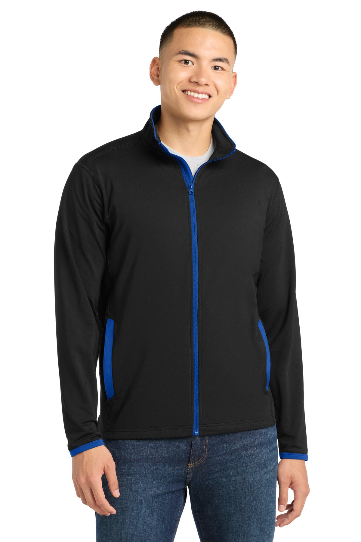 Sport-Tek Sport-Wick Stretch Contrast Full-Zip Jacket.  ST853 in Black/ True Royal