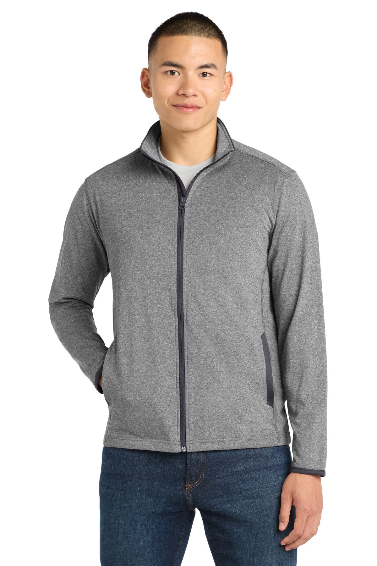 Sport-Tek Sport-Wick Stretch Contrast Full-Zip Jacket.  ST853 in Charcoal Grey Heather/ Charcoal Grey