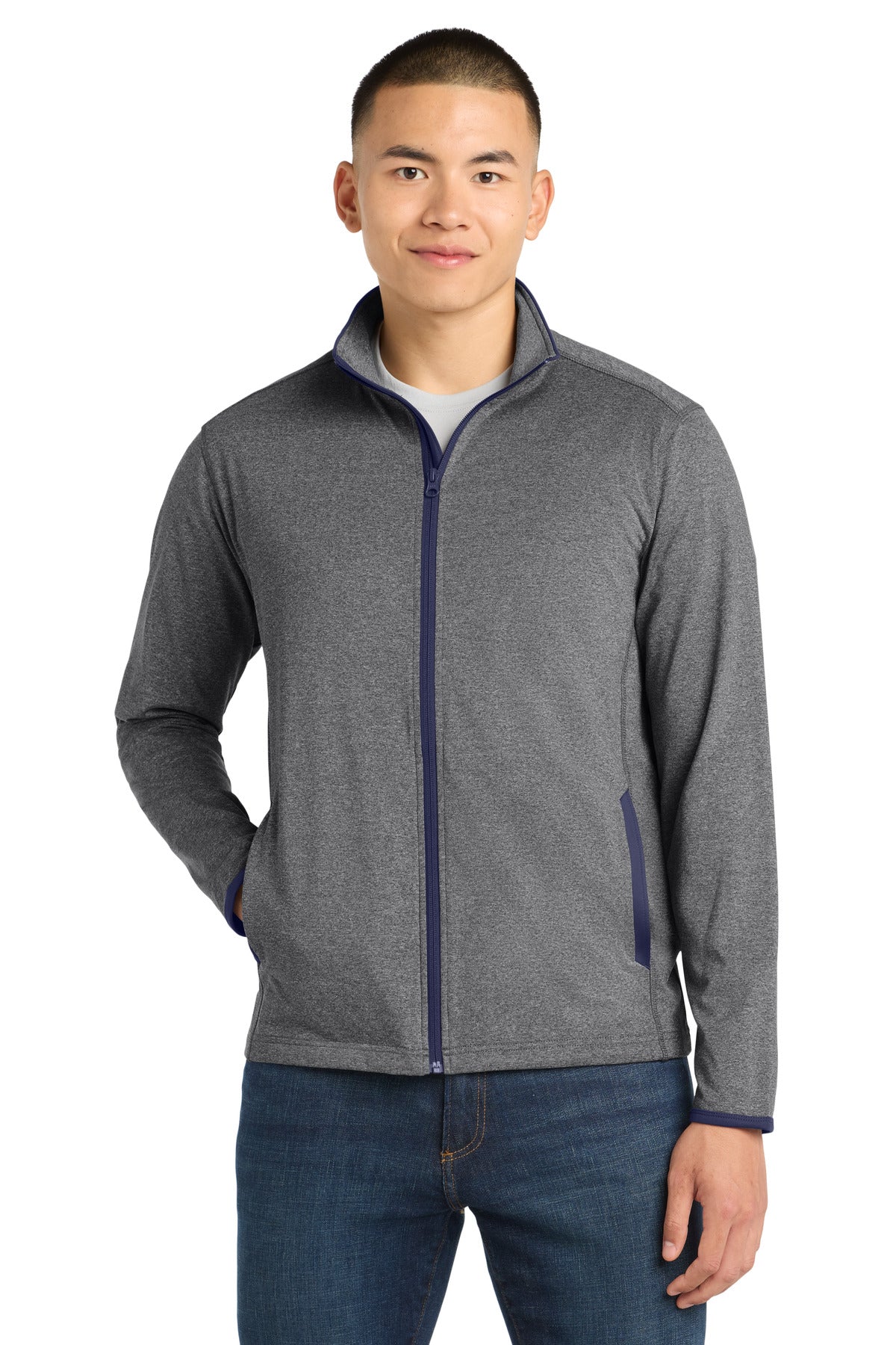 Sport-Tek Sport-Wick Stretch Contrast Full-Zip Jacket.  ST853 in Charcoal Grey Heather/ True Navy