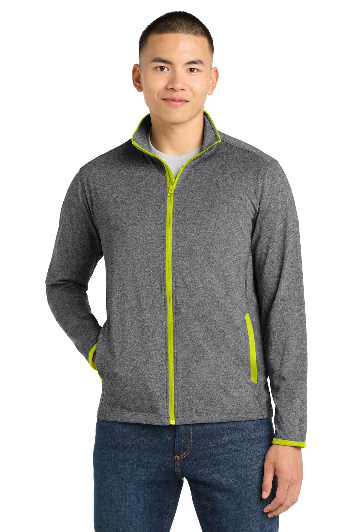 Sport-Tek Sport-Wick Stretch Contrast Full-Zip Jacket.  ST853 in Charcoal Grey Heather/ Charge Green