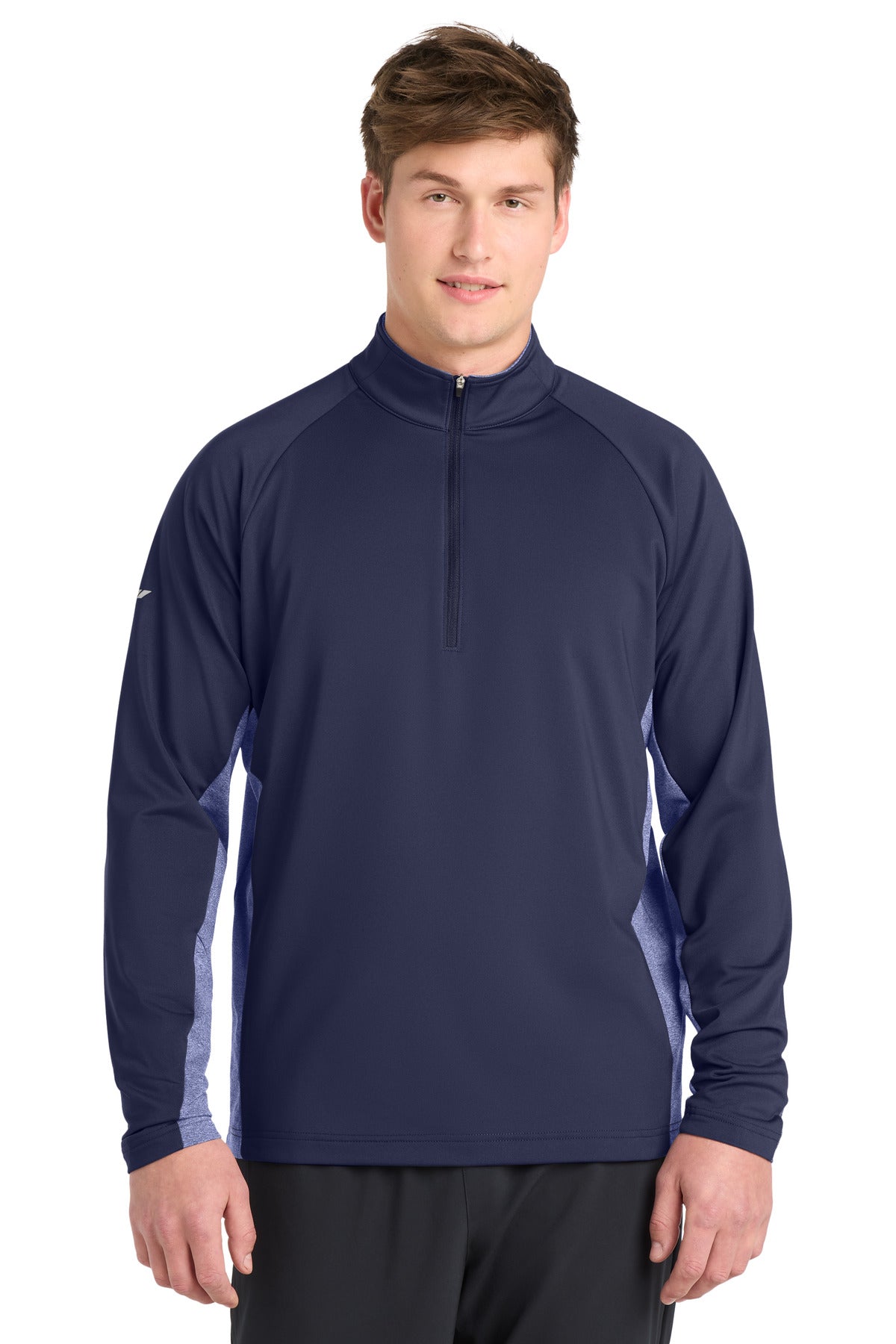 Sport-Tek Sport-Wick Stretch Contrast 1/4-Zip Pullover. ST854 in True Navy/ True Navy Heather