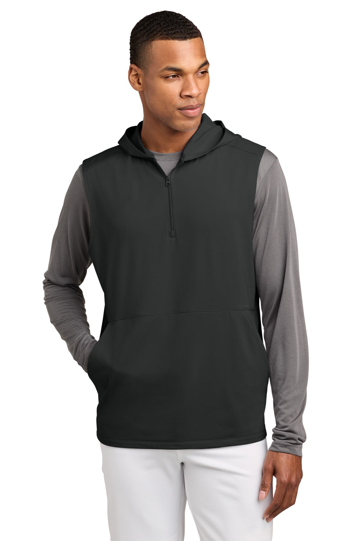 Sport-Tek Sport-Wick Stretch Sleeveless Hooded 1/4-Zip ST858 in Charcoal Grey