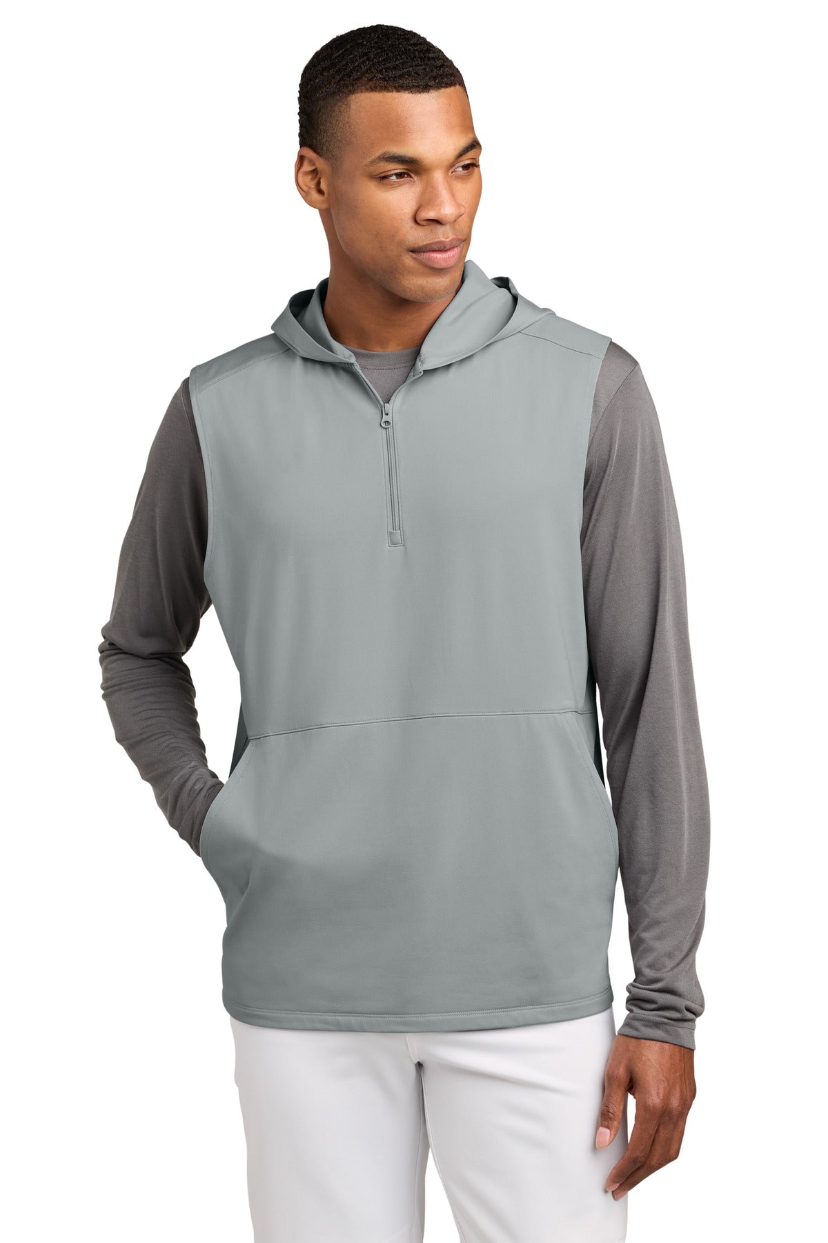 Sport-Tek Sport-Wick Stretch Sleeveless Hooded 1/4-Zip ST858 in Silver
