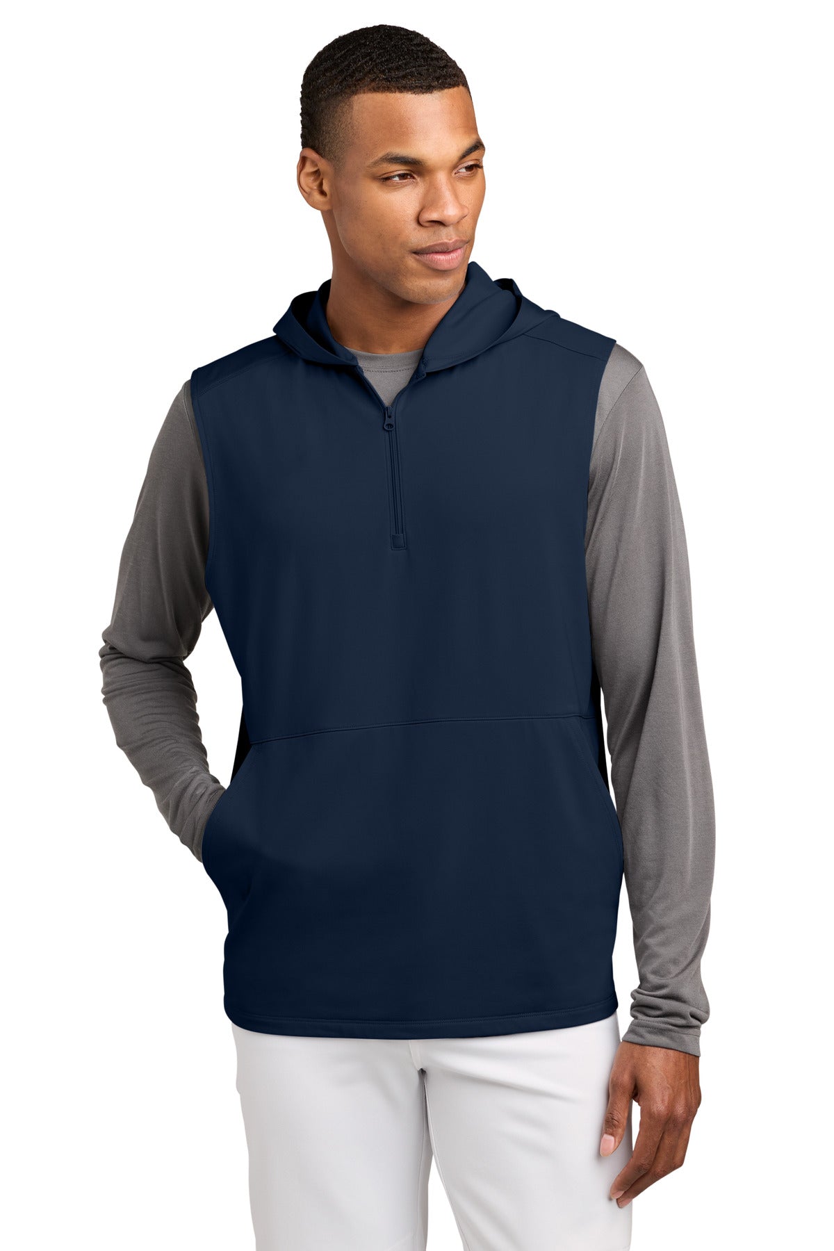Sport-Tek Sport-Wick Stretch Sleeveless Hooded 1/4-Zip ST858 in True Navy