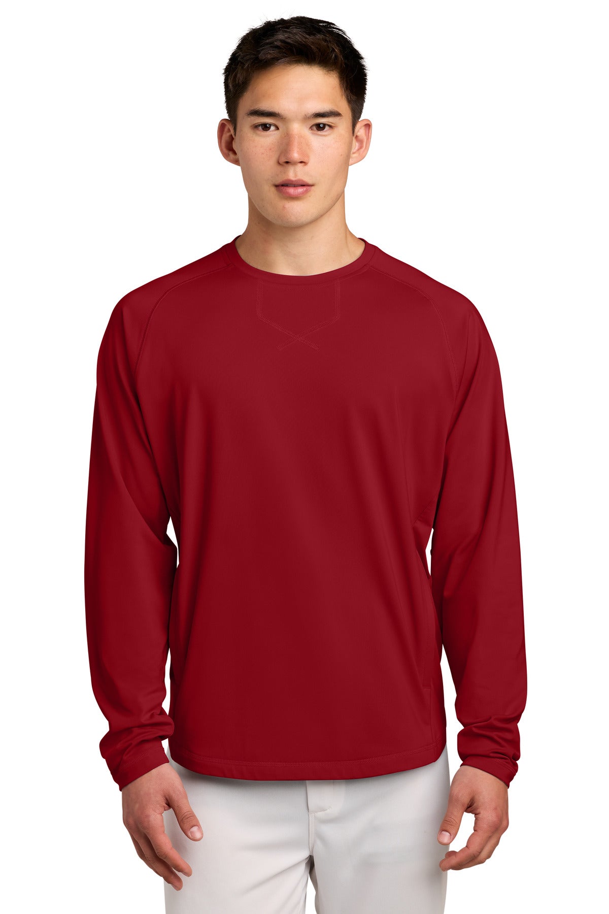 Sport-Tek Sport-Wick Stretch Pocketed Crewneck ST859 in Deep Red