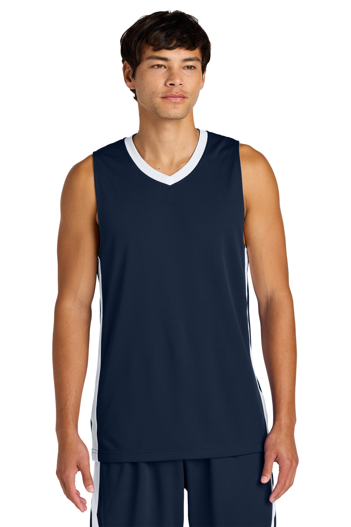 Sport-Tek Rival Basketball Rev Jersey ST900 in True Navy/ White
