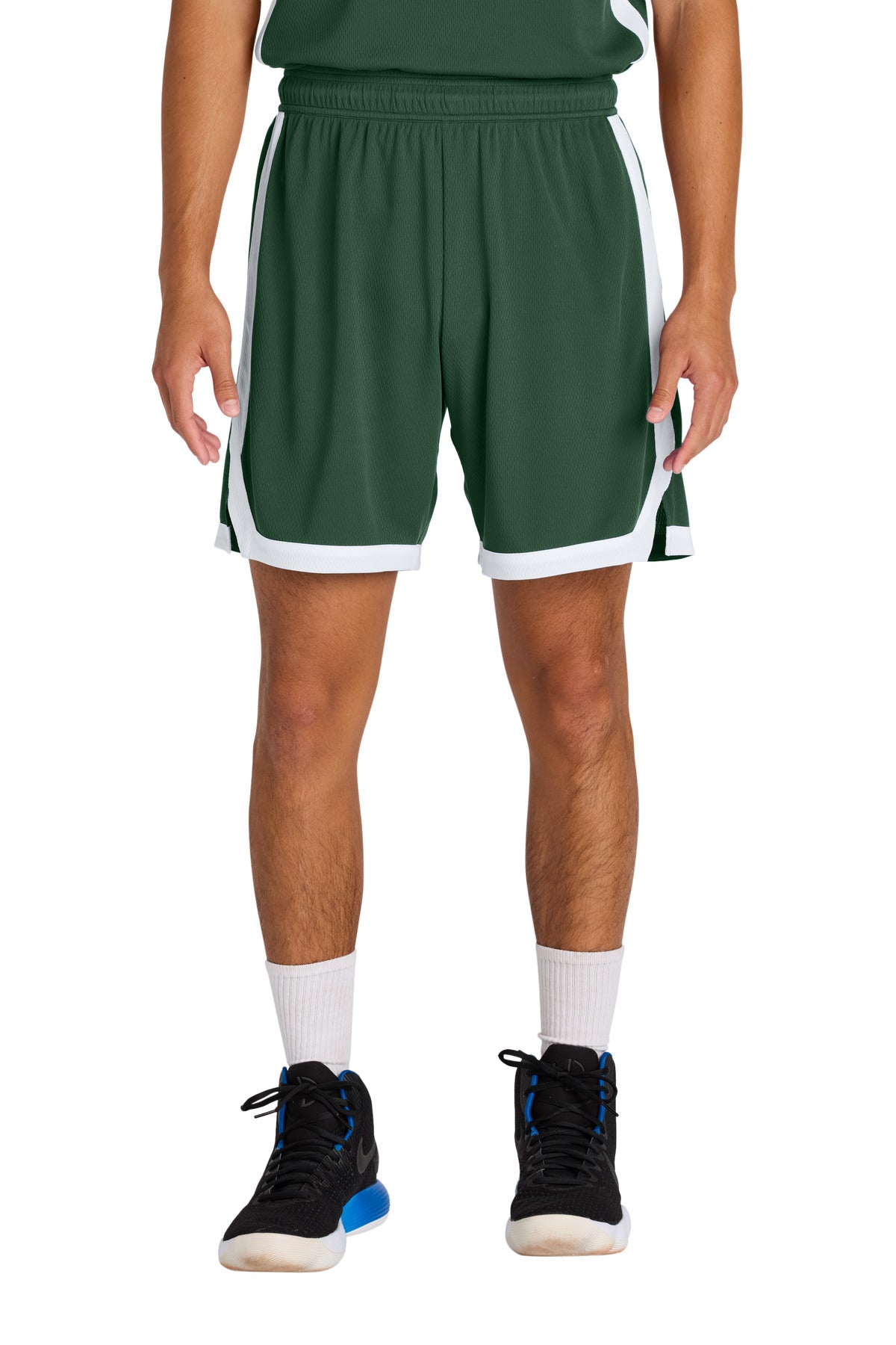 Sport-Tek Rival Basketball 7 Short ST901 in Forest Green/ White