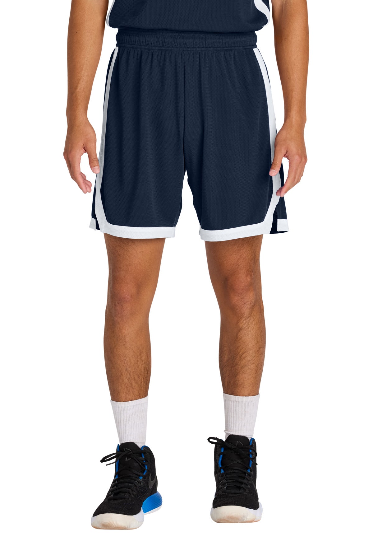 Sport-Tek Rival Basketball 7 Short ST901 in True Navy/ White