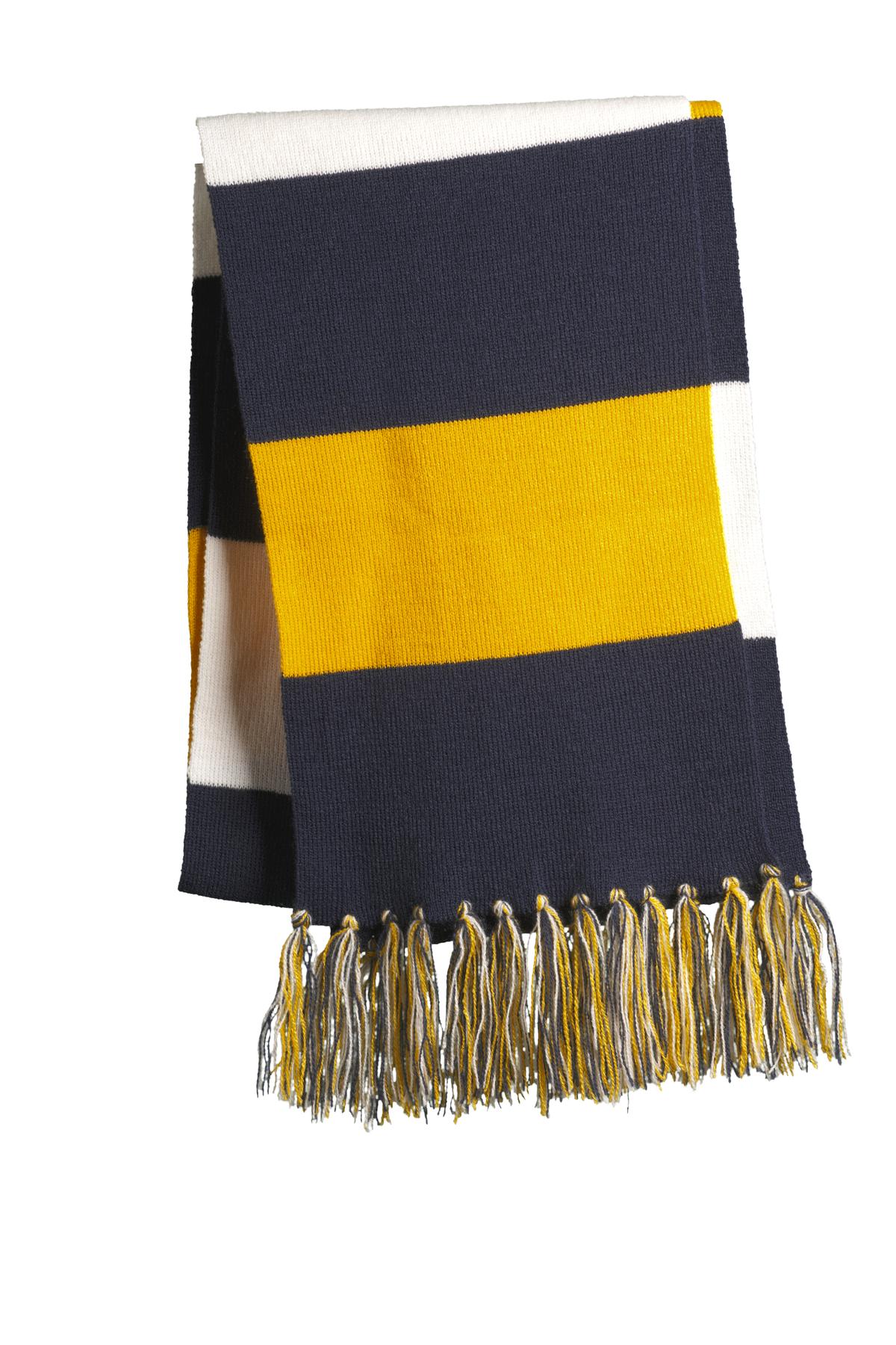 Sport-Tek Spectator Scarf. STA02 in True Navy/ Gold/ White