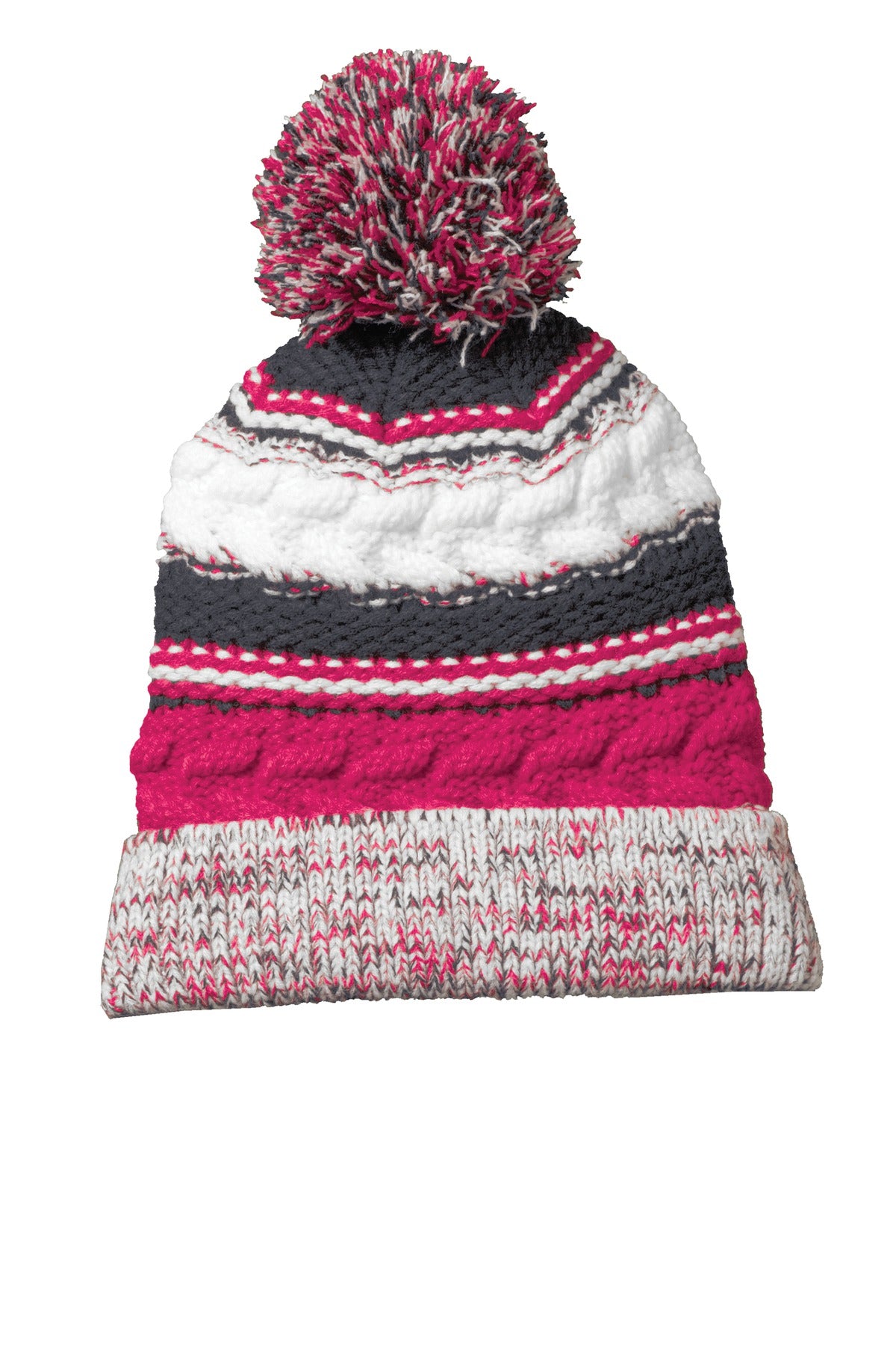 Sport-Tek Pom Pom Team Beanie. STC21 in Pink Raspberry/ Iron Grey/ White