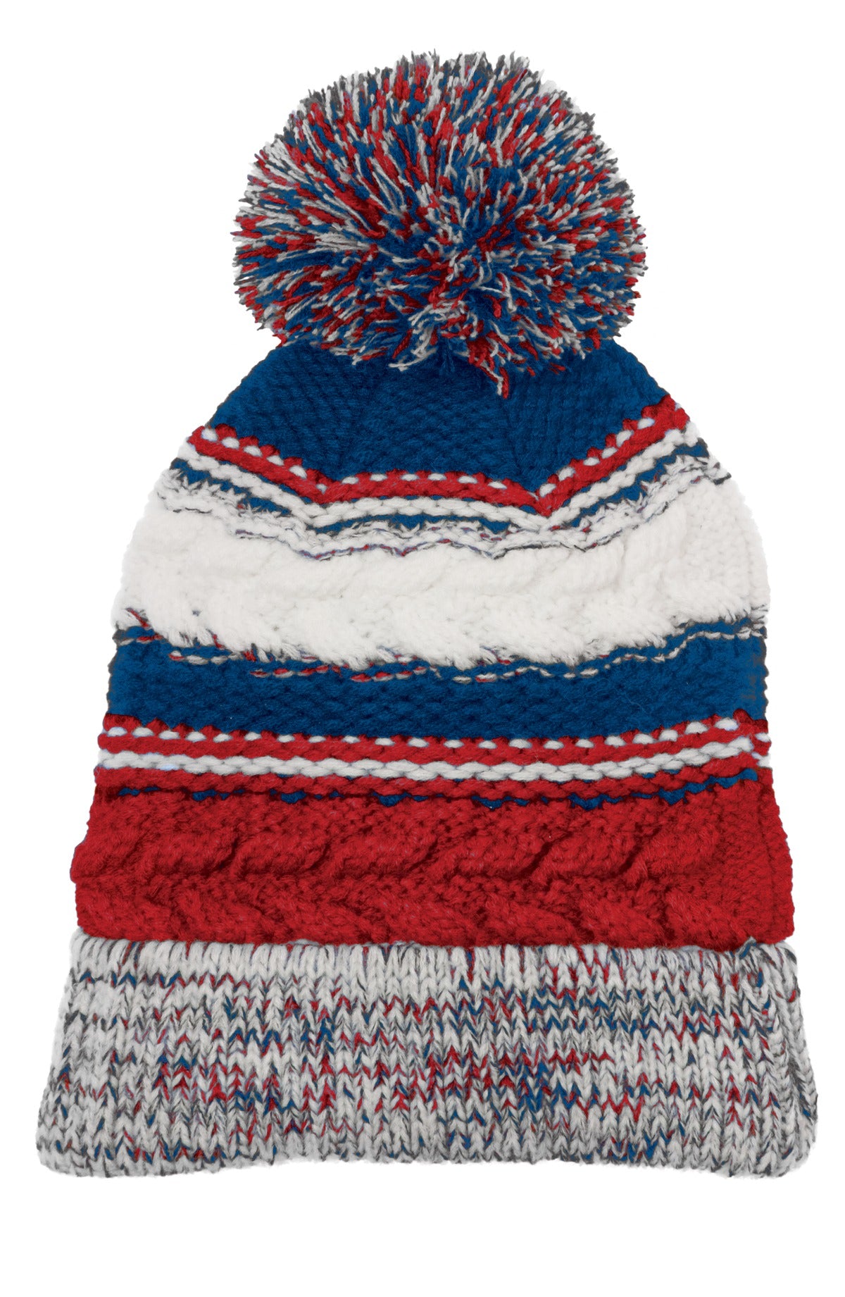 Sport-Tek Pom Pom Team Beanie. STC21 in True Red/ True Royal/ White