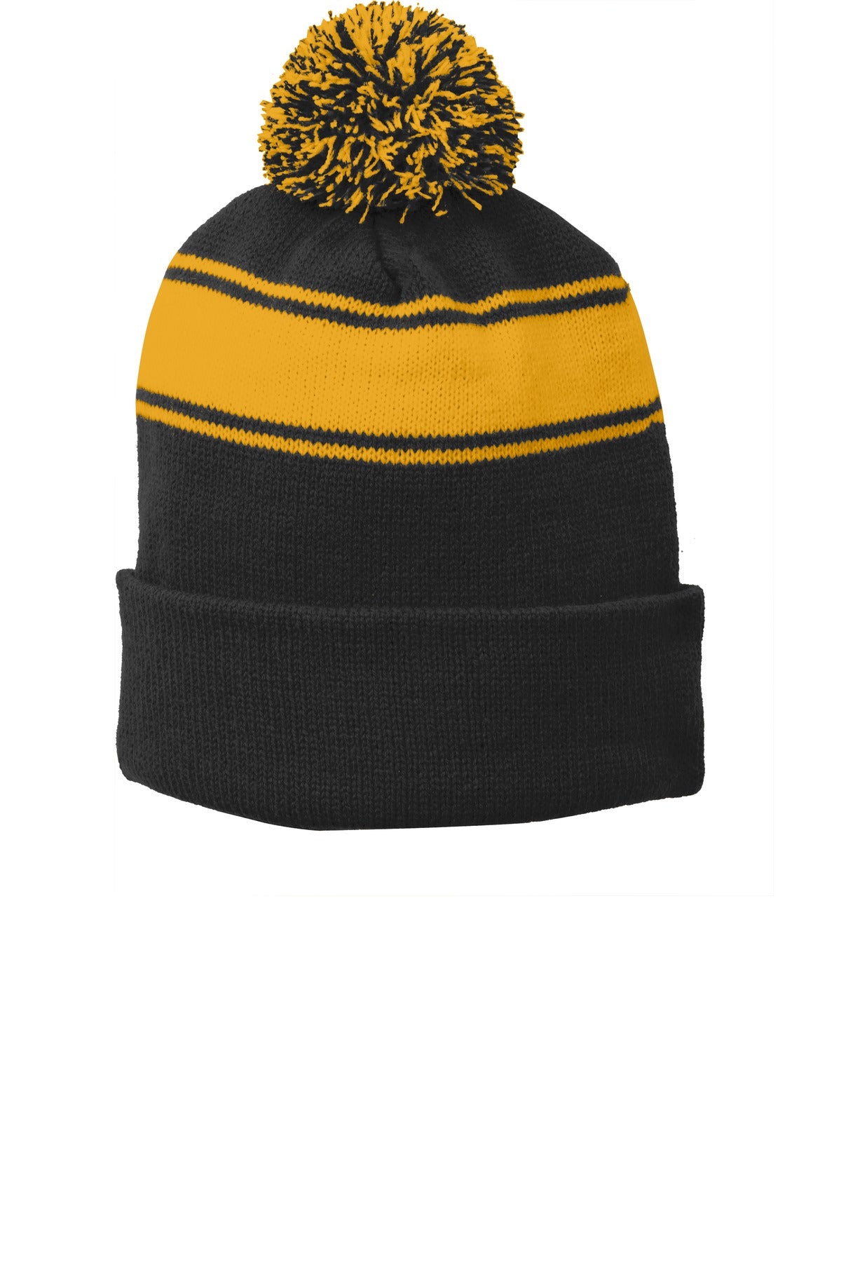 Sport-Tek Stripe Pom Pom Beanie.  STC28 in Black/ Gold