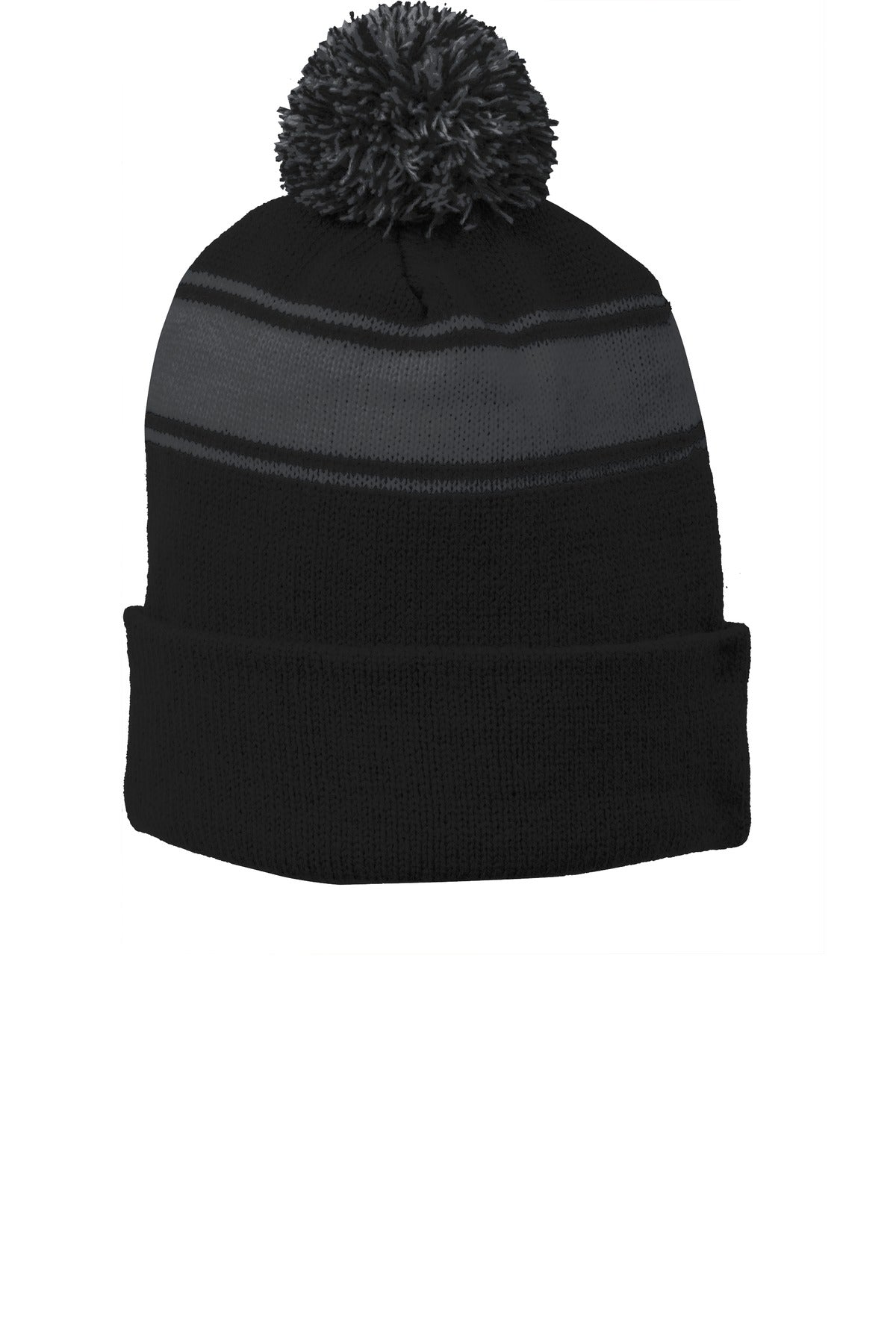 Sport-Tek Stripe Pom Pom Beanie.  STC28 in Black/ Iron Grey