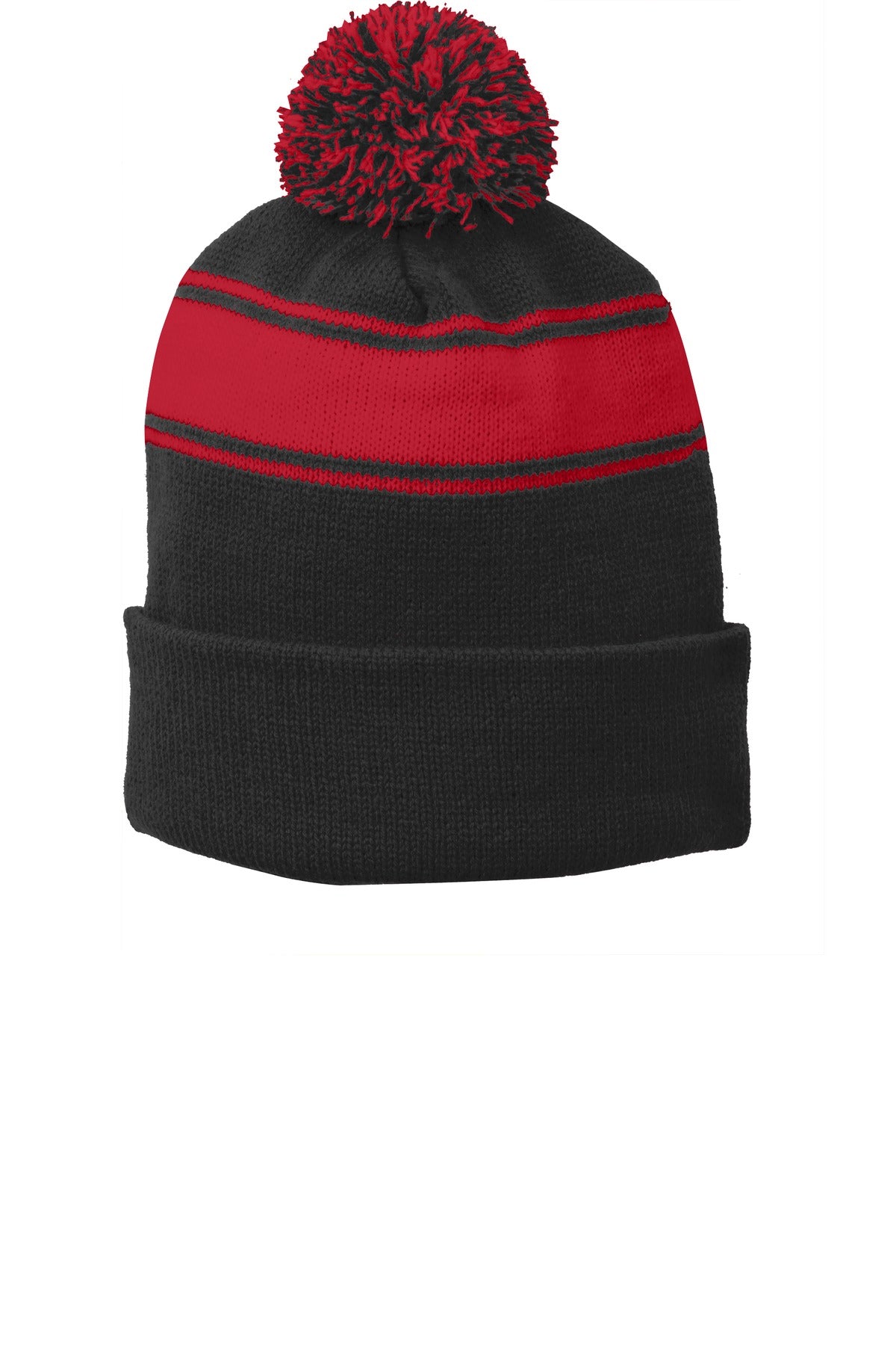 Sport-Tek Stripe Pom Pom Beanie.  STC28 in Black/ True Red