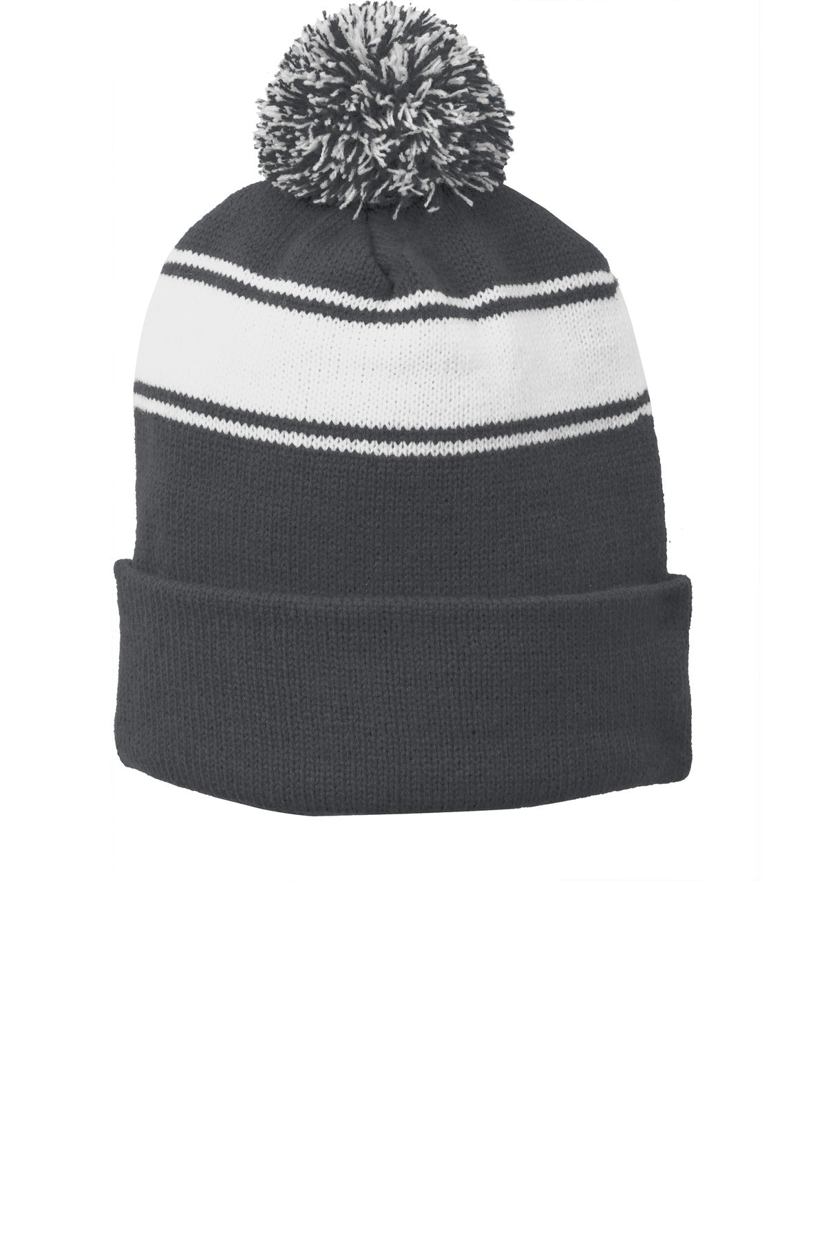 Sport-Tek Stripe Pom Pom Beanie.  STC28 in Iron Grey/ White