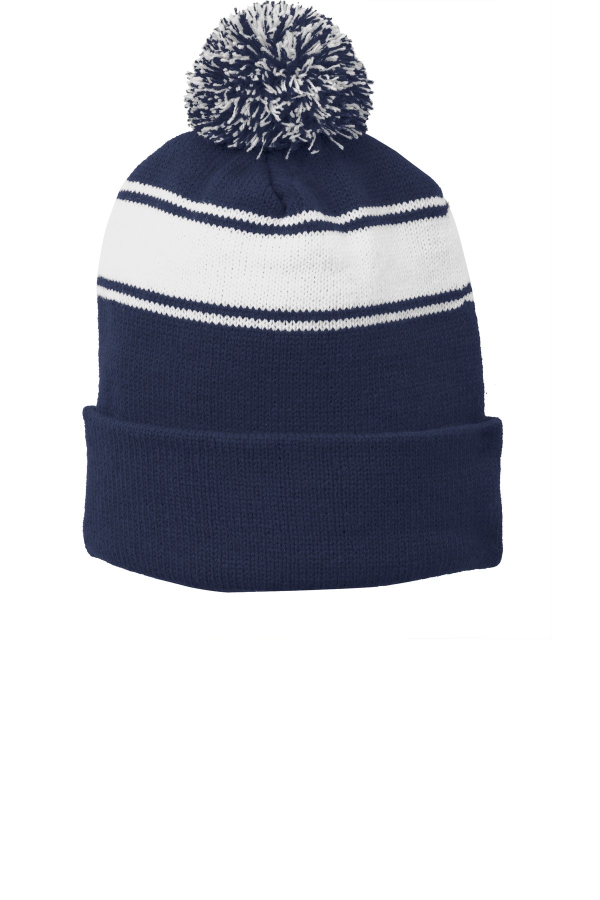Sport-Tek Stripe Pom Pom Beanie.  STC28 in True Navy/ White