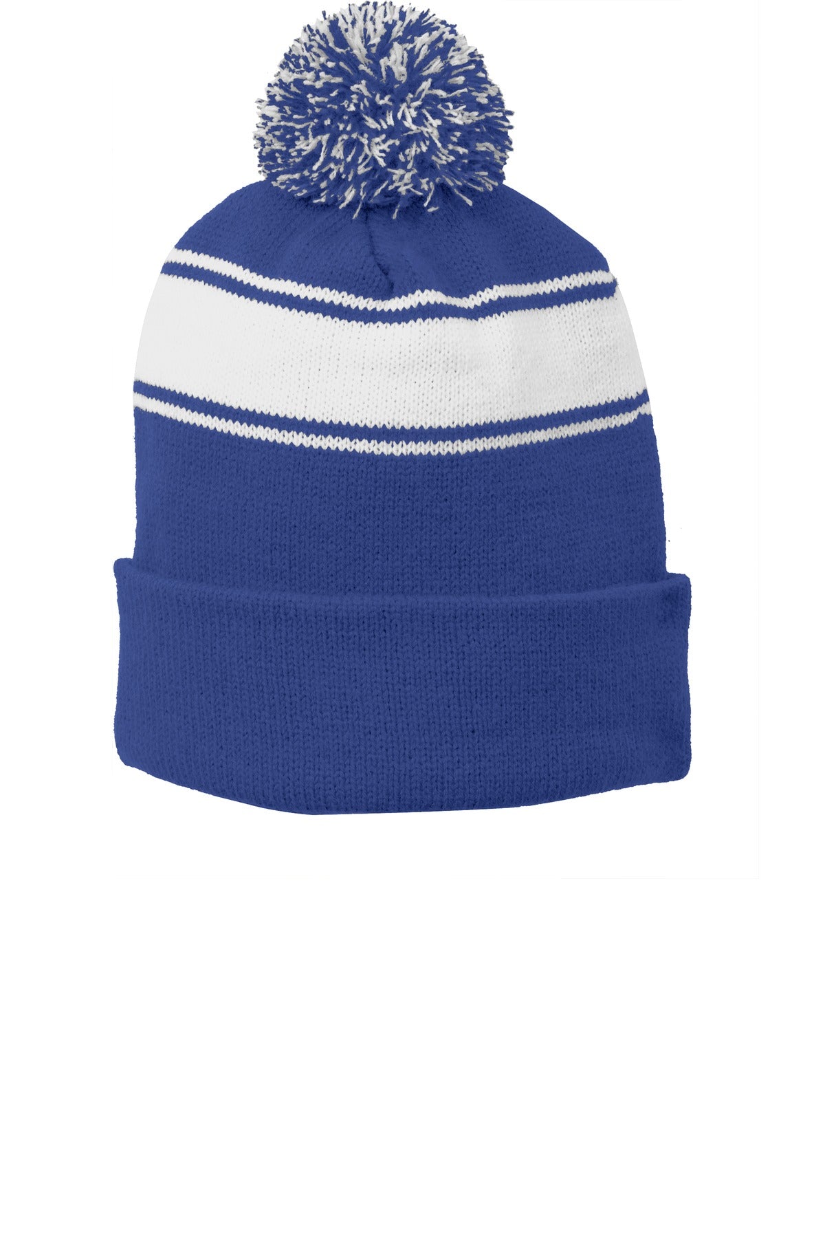 Sport-Tek Stripe Pom Pom Beanie.  STC28 in True Royal/ White