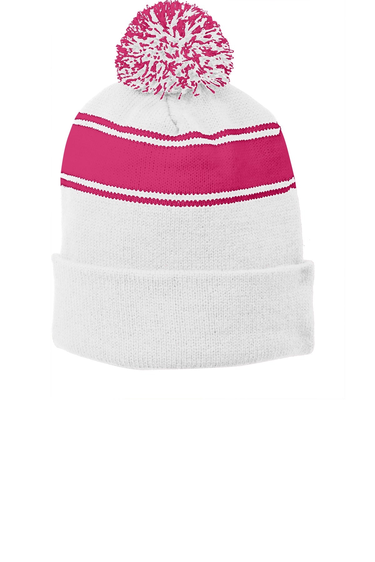 Sport-Tek Stripe Pom Pom Beanie.  STC28 in White/ Pink Raspberry