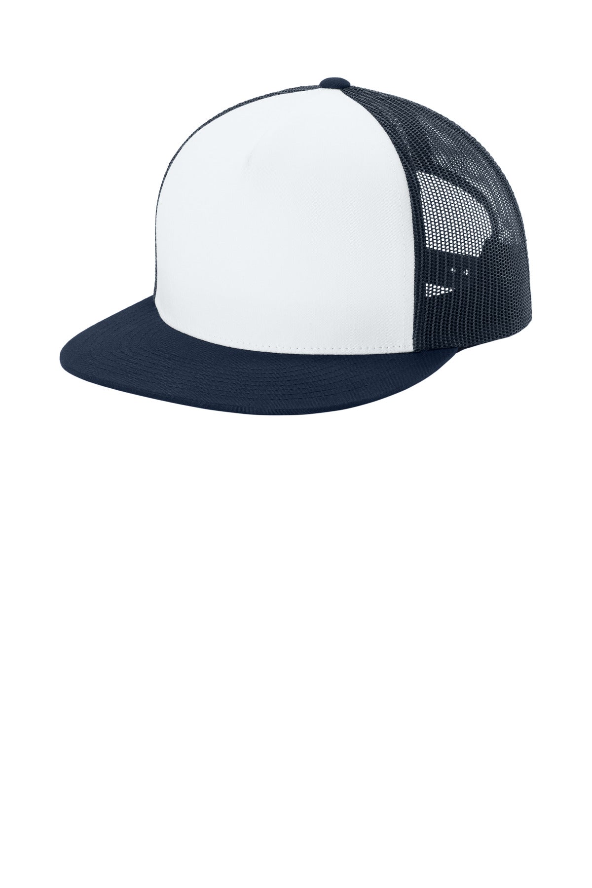 Sport-Tek YP Classics  5-Panel Classic Trucker Mesh Back Cap. STC38 in White/ True Navy/ True Navy