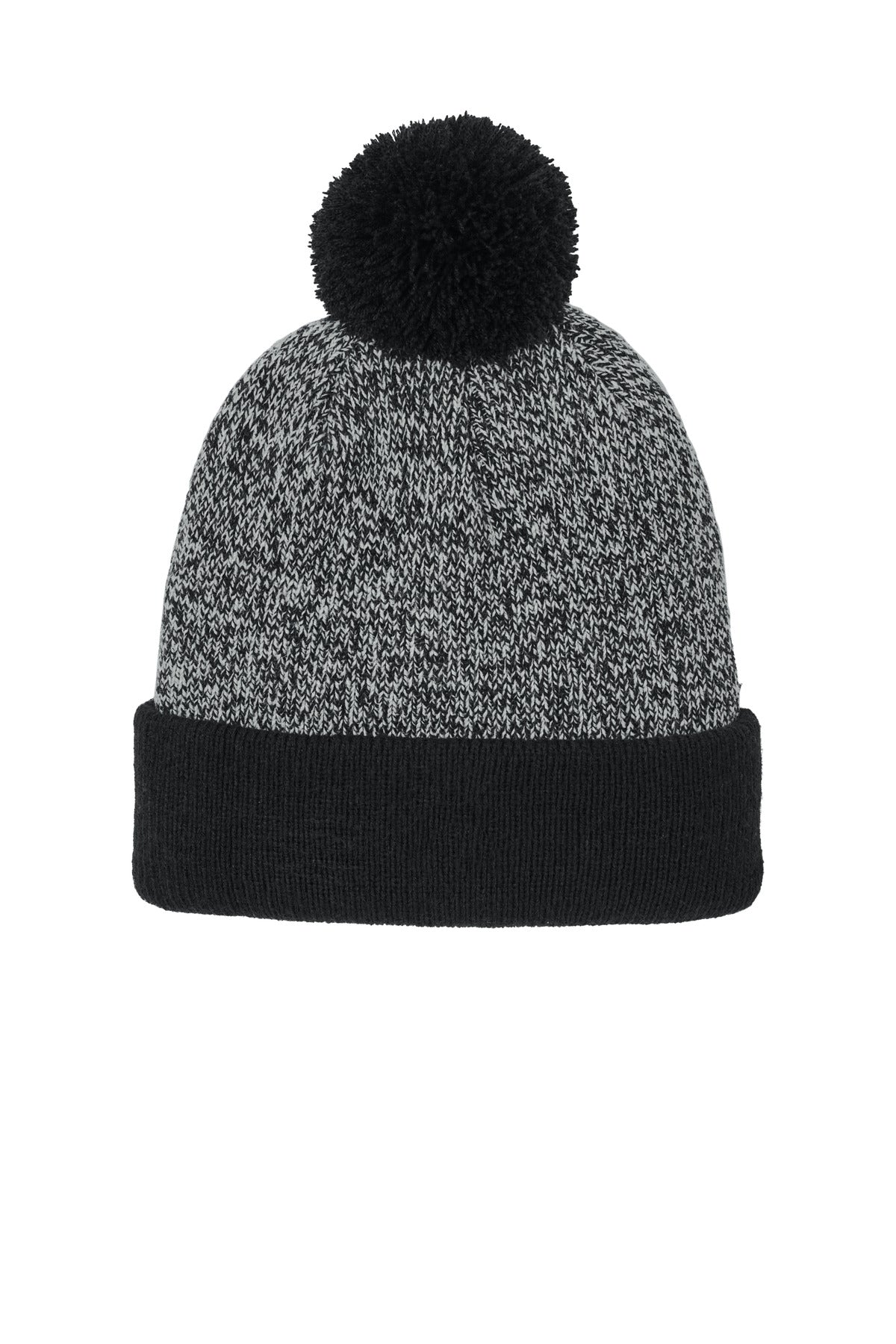 Sport-Tek Halftime Heather Pom Beanie STC68 in Black/ Silver