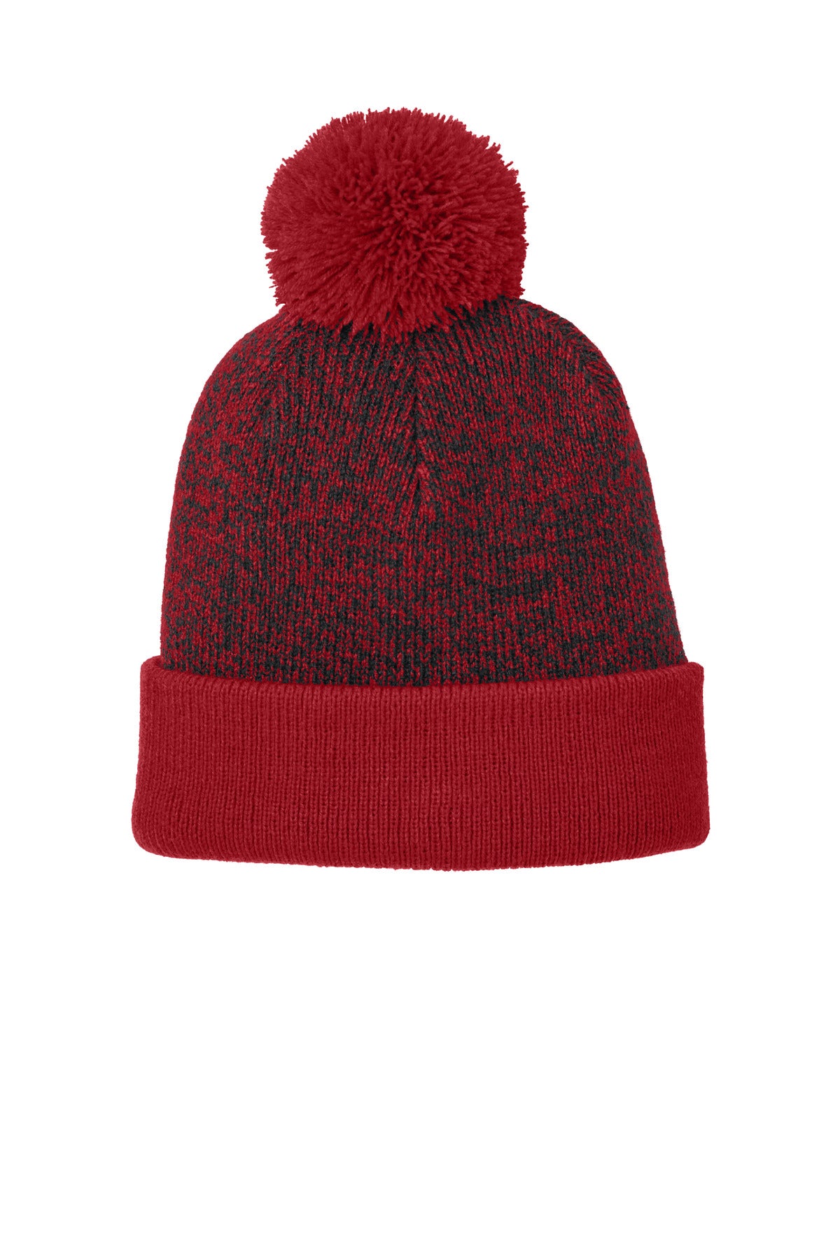 Sport-Tek Halftime Heather Pom Beanie STC68 in Deep Red/ Black