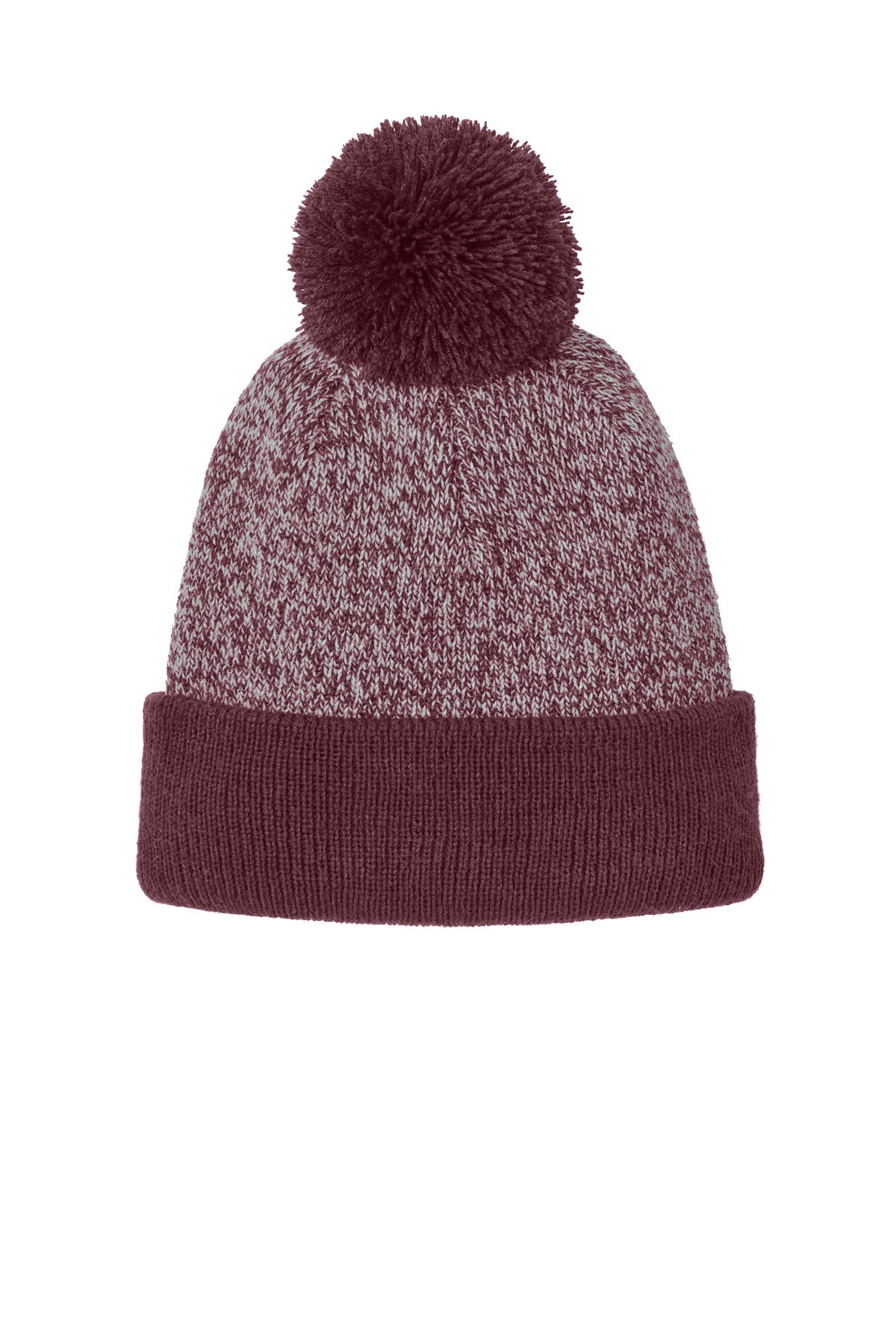 Sport-Tek Halftime Heather Pom Beanie STC68 in Maroon/ Silver